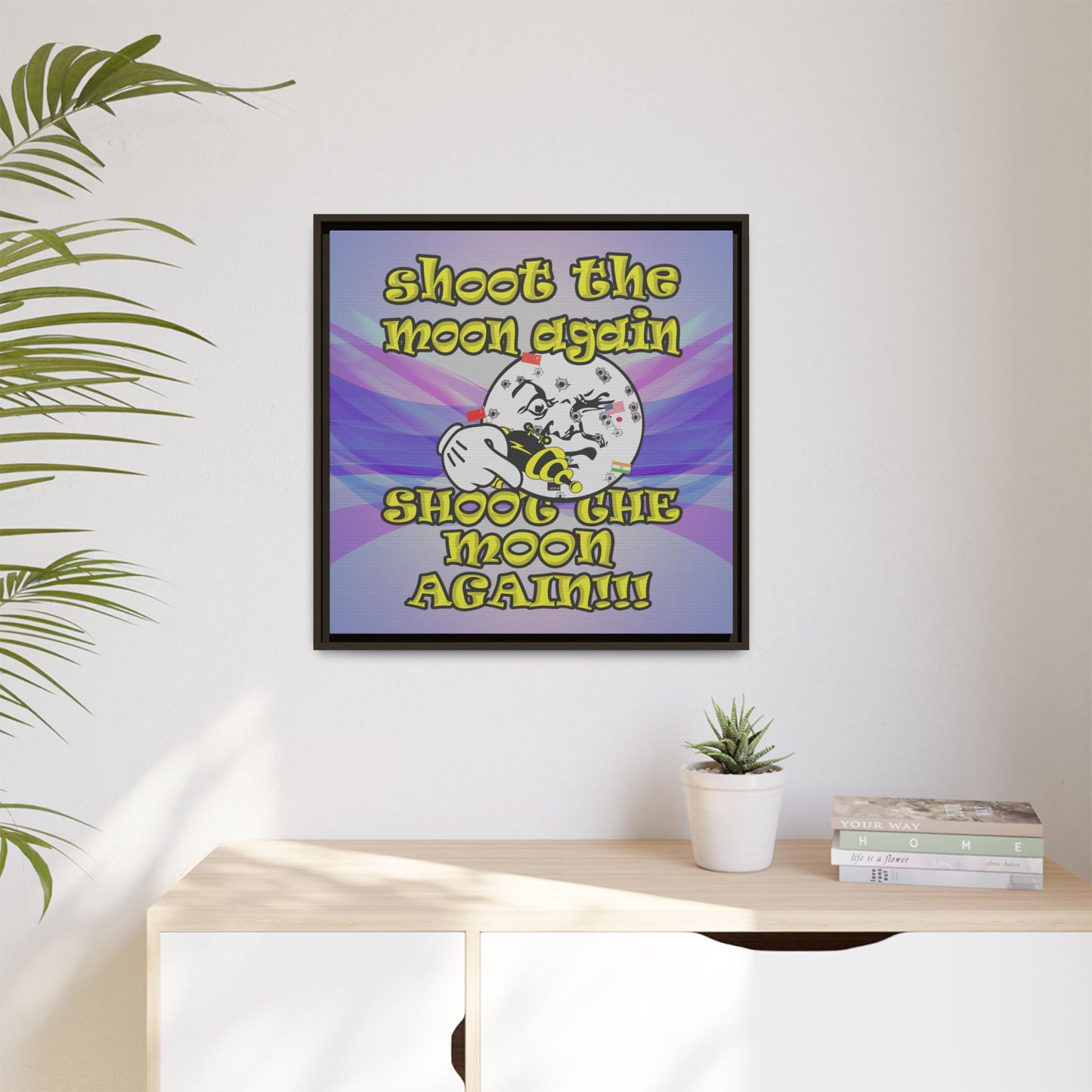 shoot the moon again - framed canvas art (light blue-pink wave)