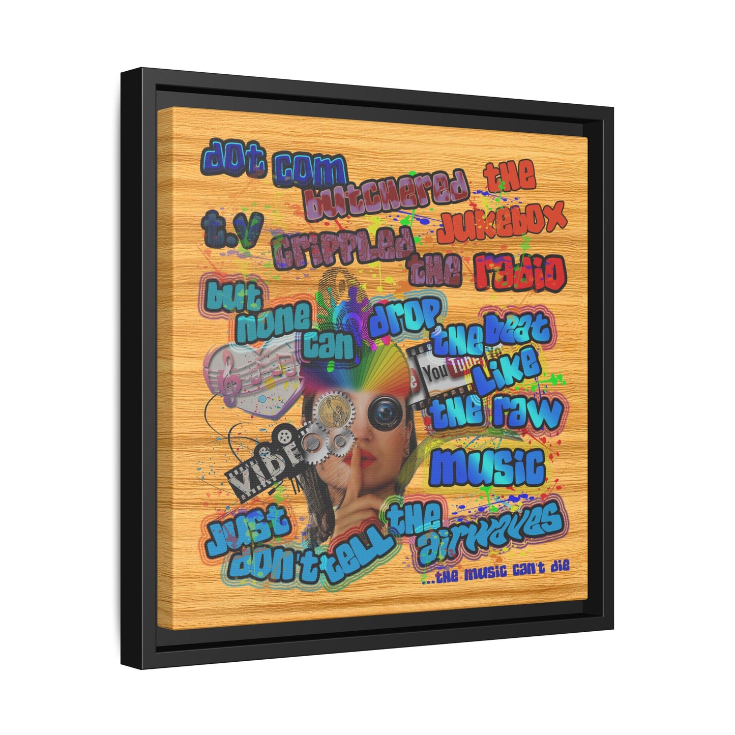 drop the beat - framed canvas art (butterscotch wood finish)