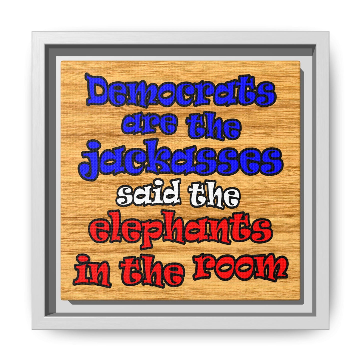 donkeys and elephants - framed canvas art (butterscotch wood finish)