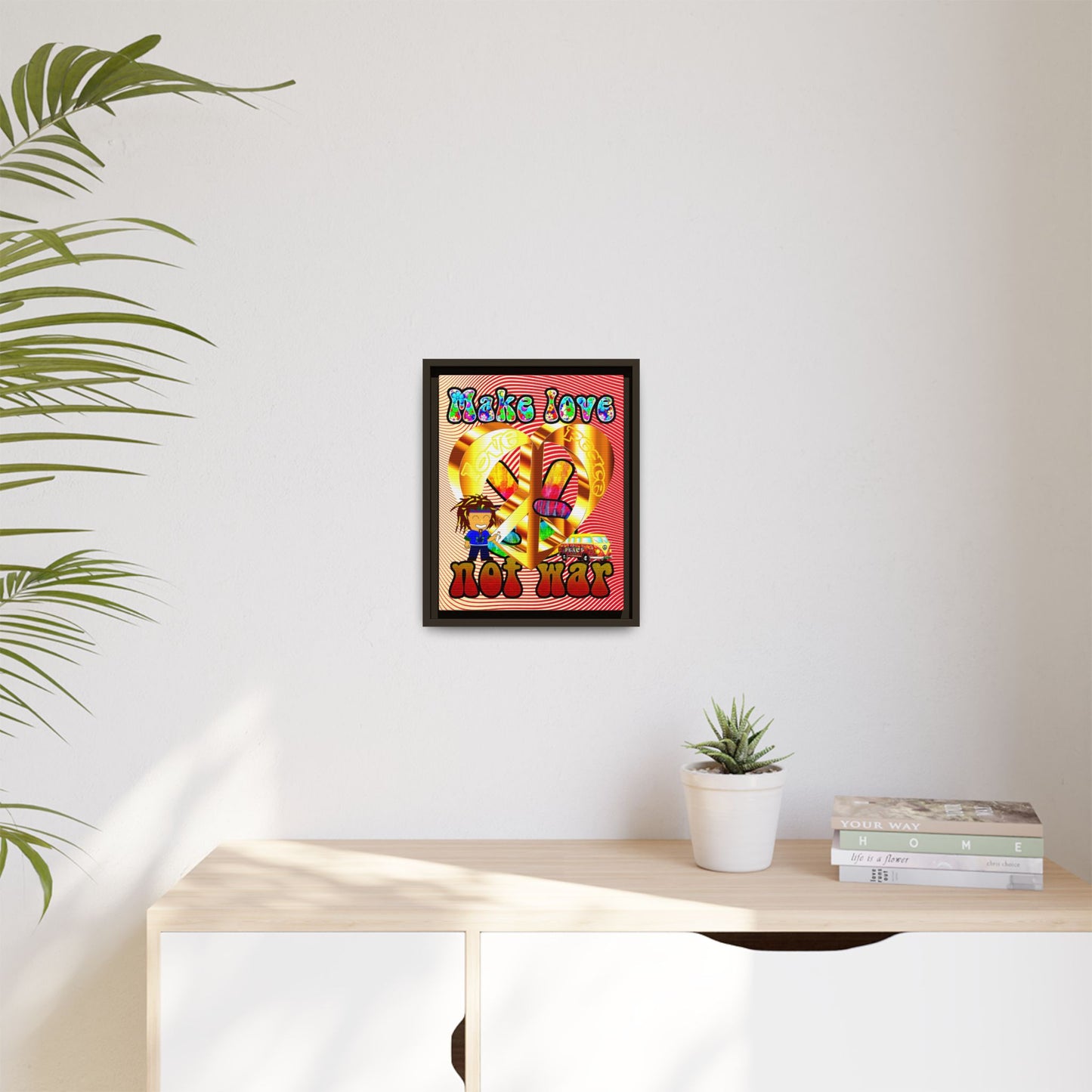 love peace - framed canvas art (yellow-orange wave)