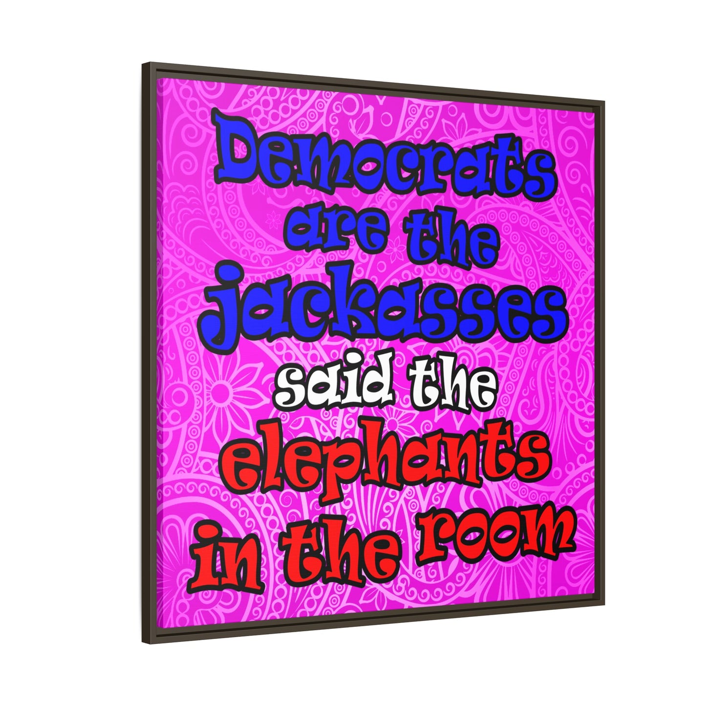 donkeys and elephants - framed canvas art (pink swirl)