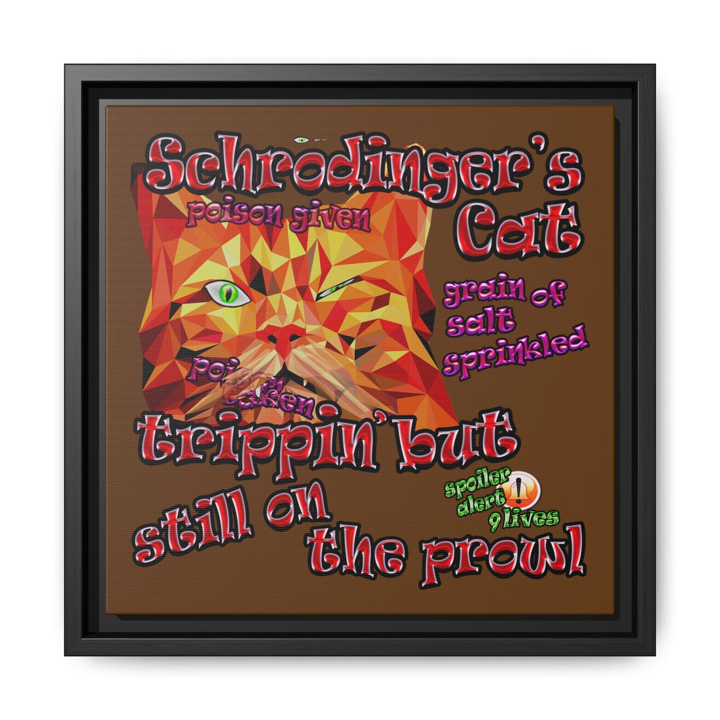 schrodinger's cat - framed canvas art (brown)