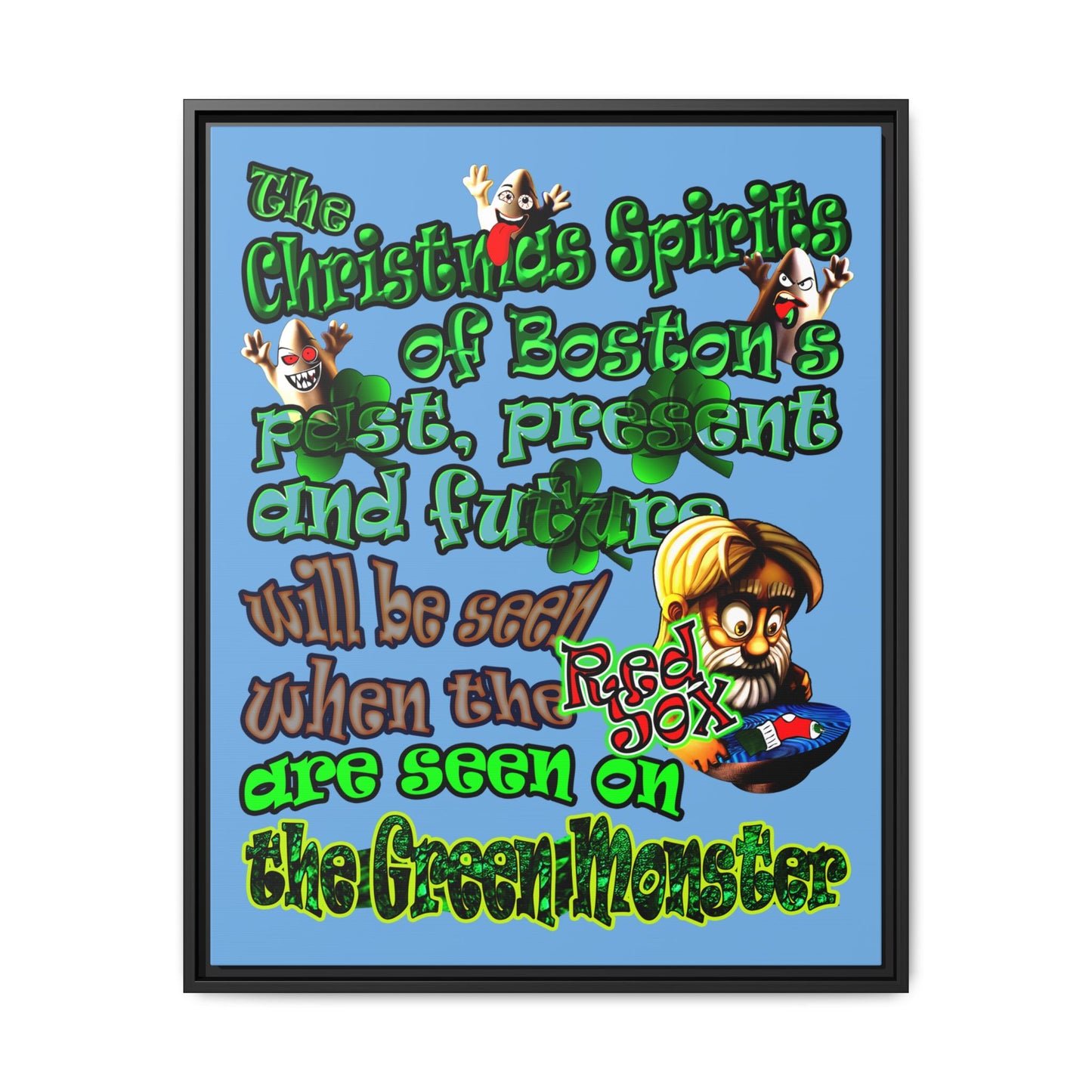 christmas spirits of boston - framed canvas art (light blue)