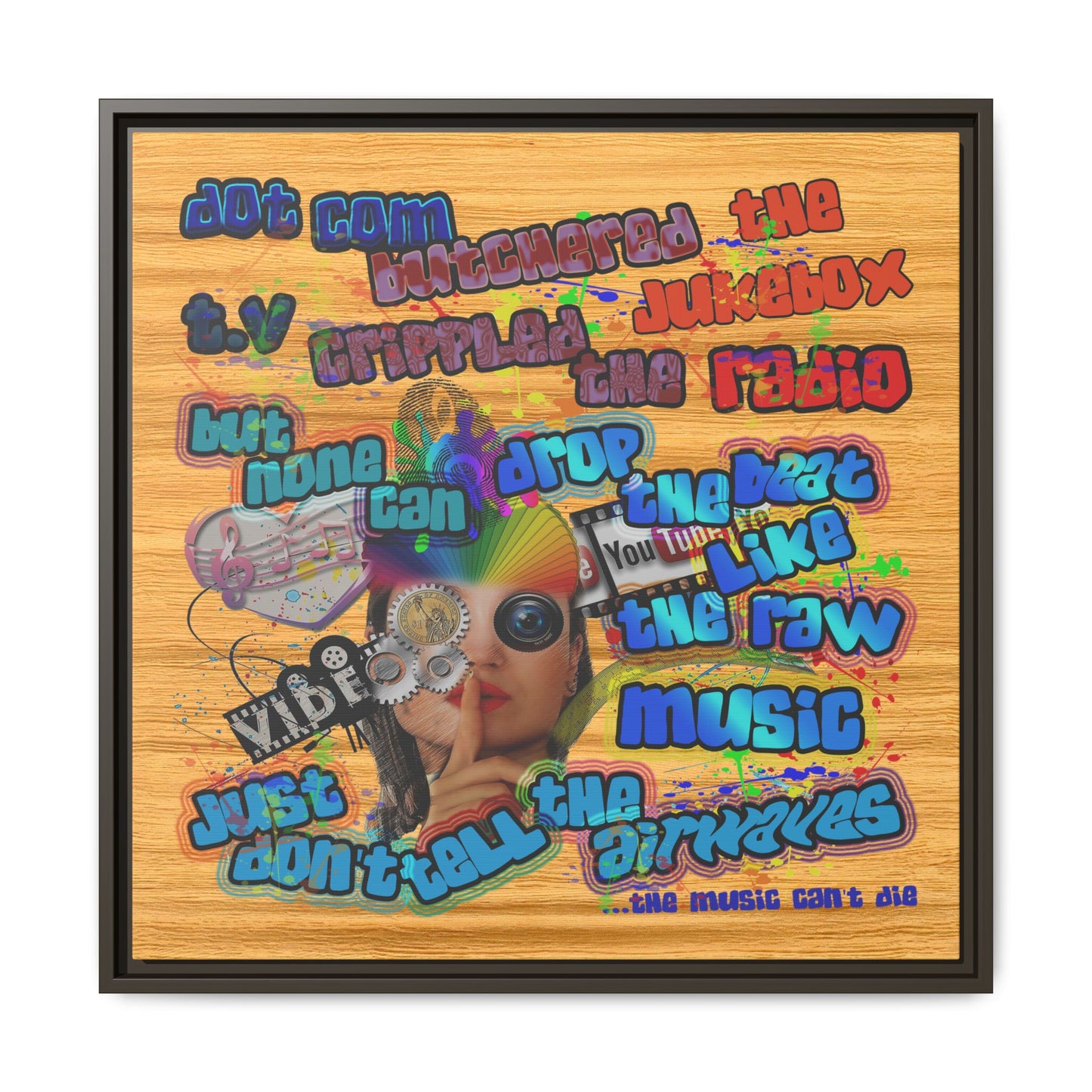 drop the beat - framed canvas art (butterscotch wood finish)