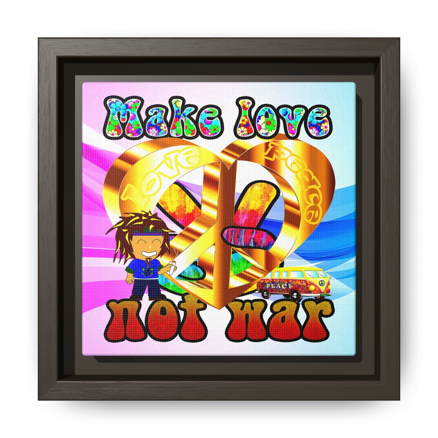love peace - framed canvas art (light blue-pink wave)