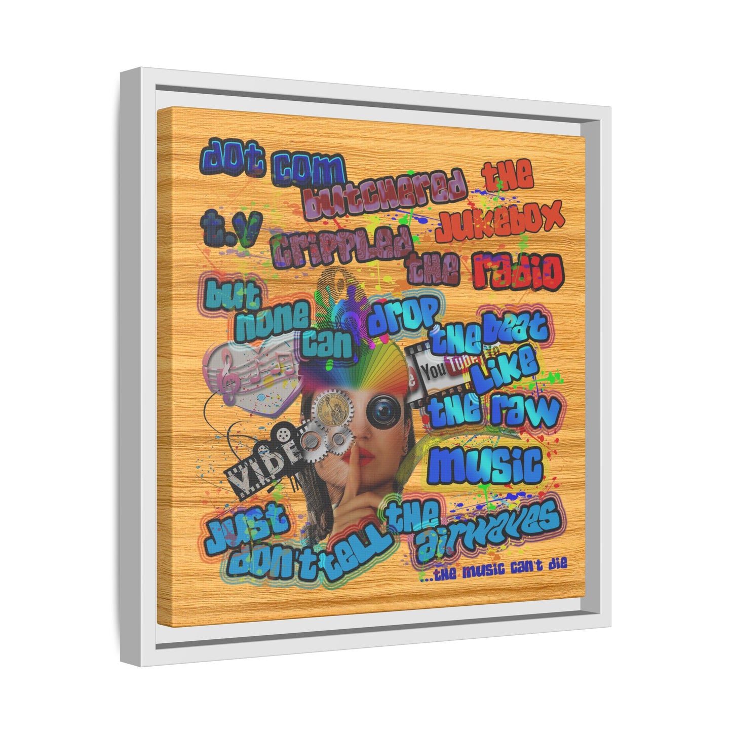 drop the beat - framed canvas art (butterscotch wood finish)