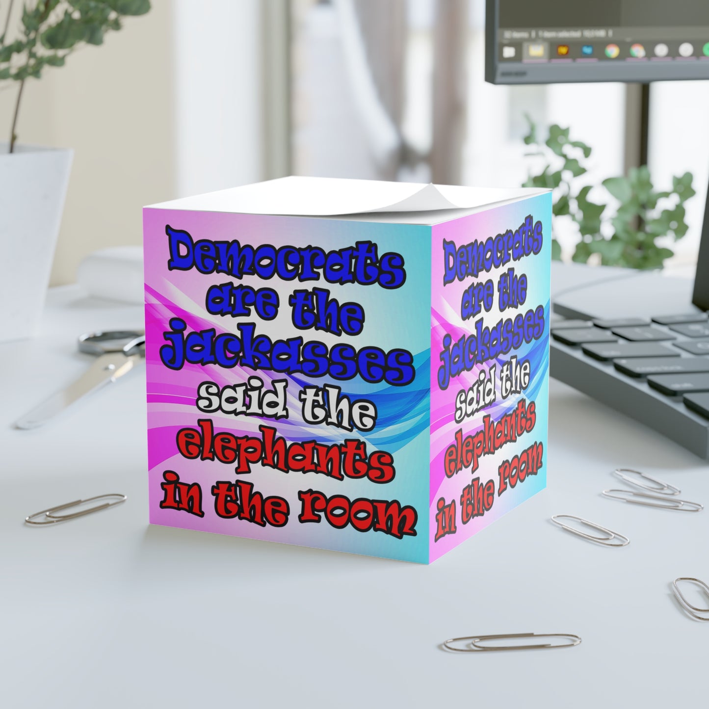 donkeys and elephants - note cube (light blue-pink wave)