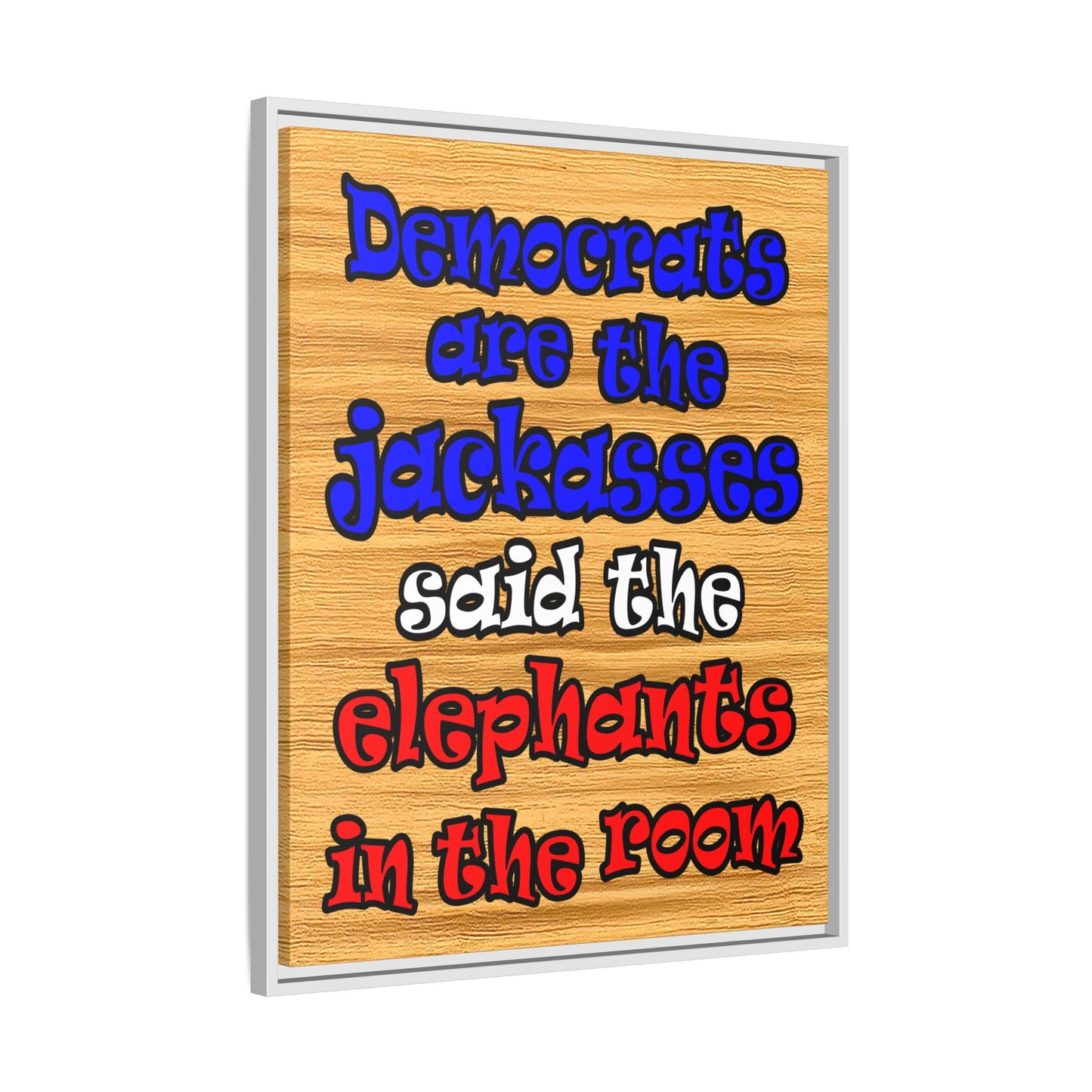donkeys and elephants - framed canvas art (butterscotch wood finish)