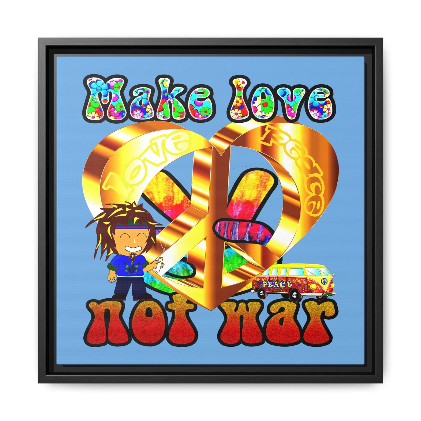 love peace - framed canvas art (light blue)