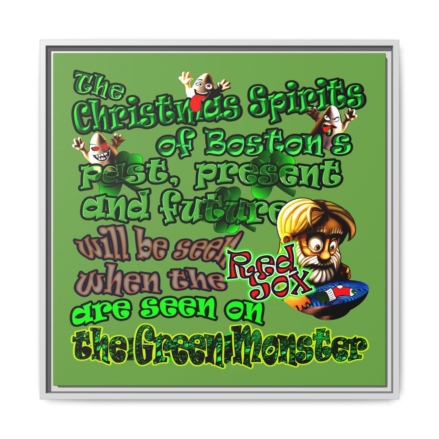 christmas spirits of boston - framed canvas art (green)