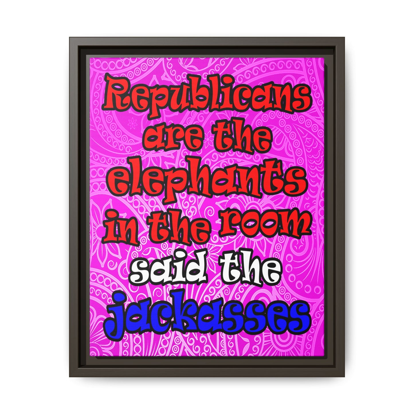 donkeys and elephants - framed canvas art (pink swirl)