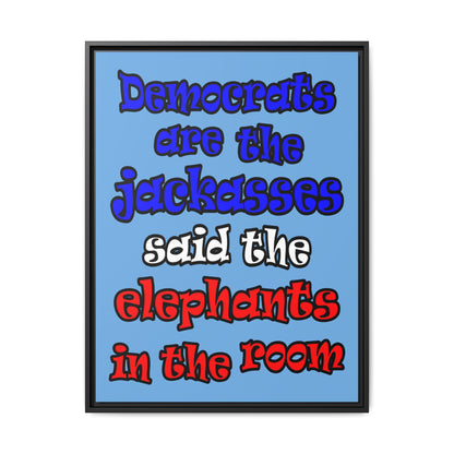 donkeys and elephants - framed canvas art (light blue)