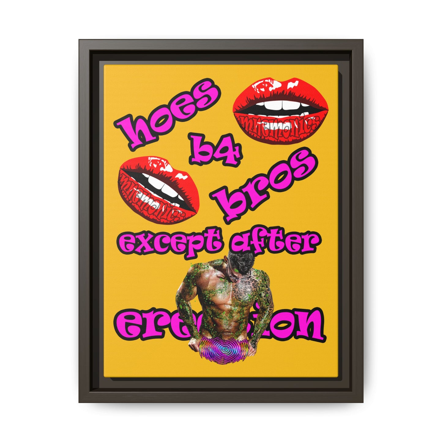 hoes b4 bros - framed canvas art (yellow)