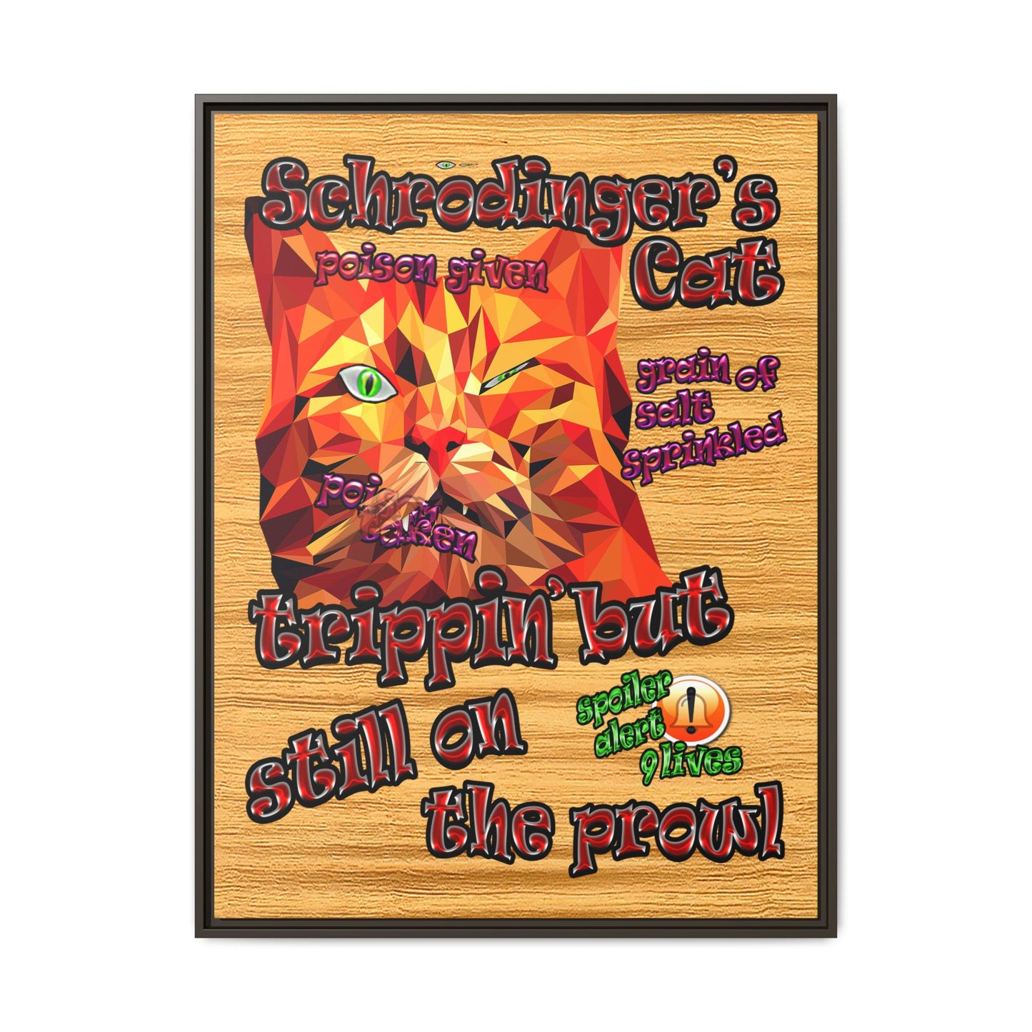 schrodinger's cat - framed canvas art (butterscotch wood finish)