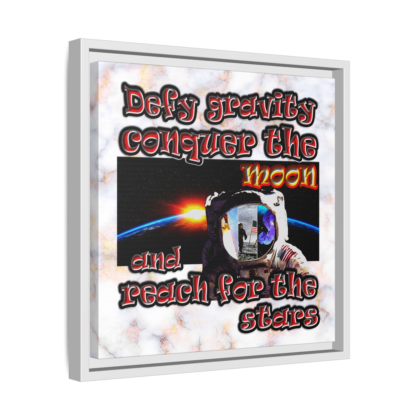 defy conquer reach - framed canvas art (white marble)