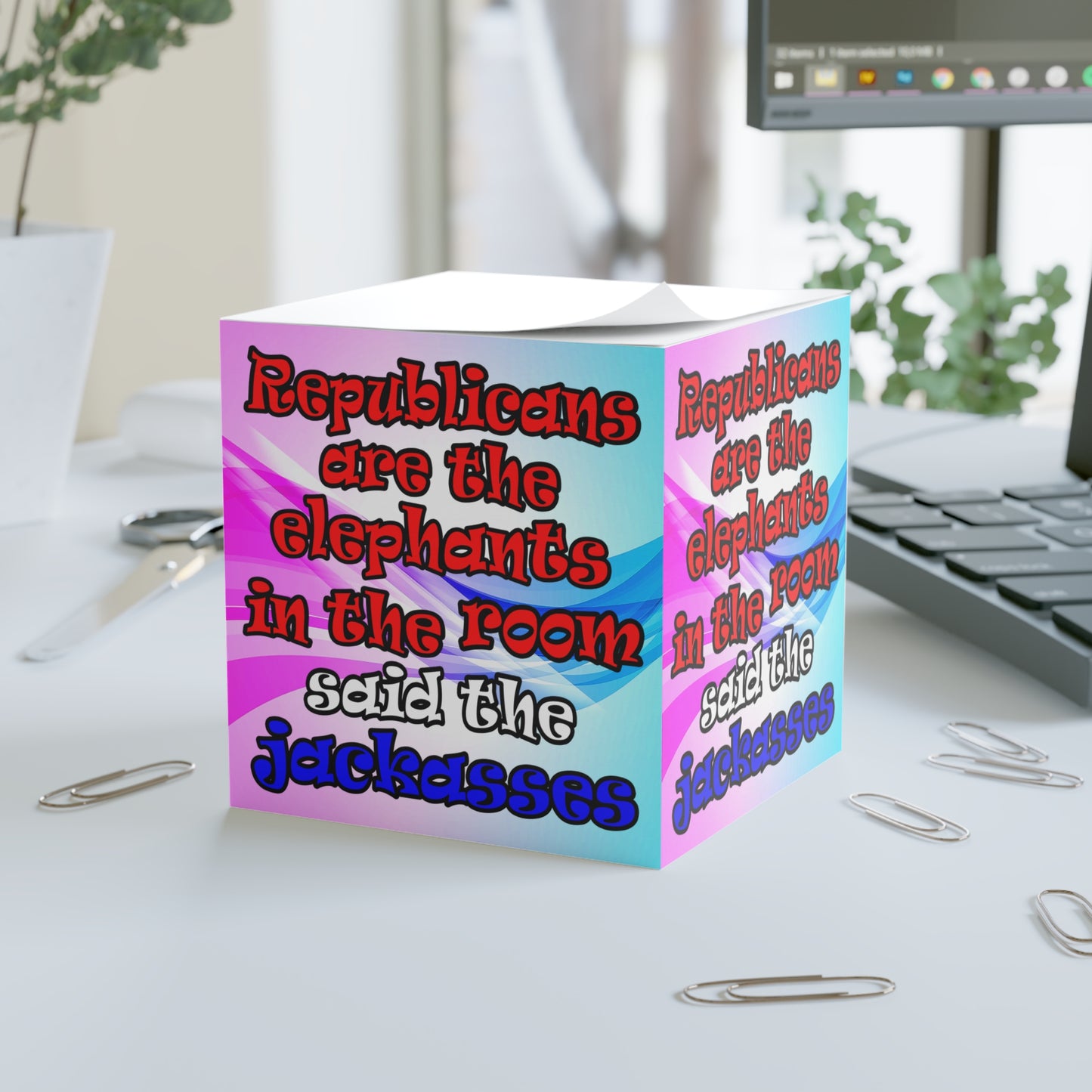 donkeys and elephants - note cube (light blue-pink wave)