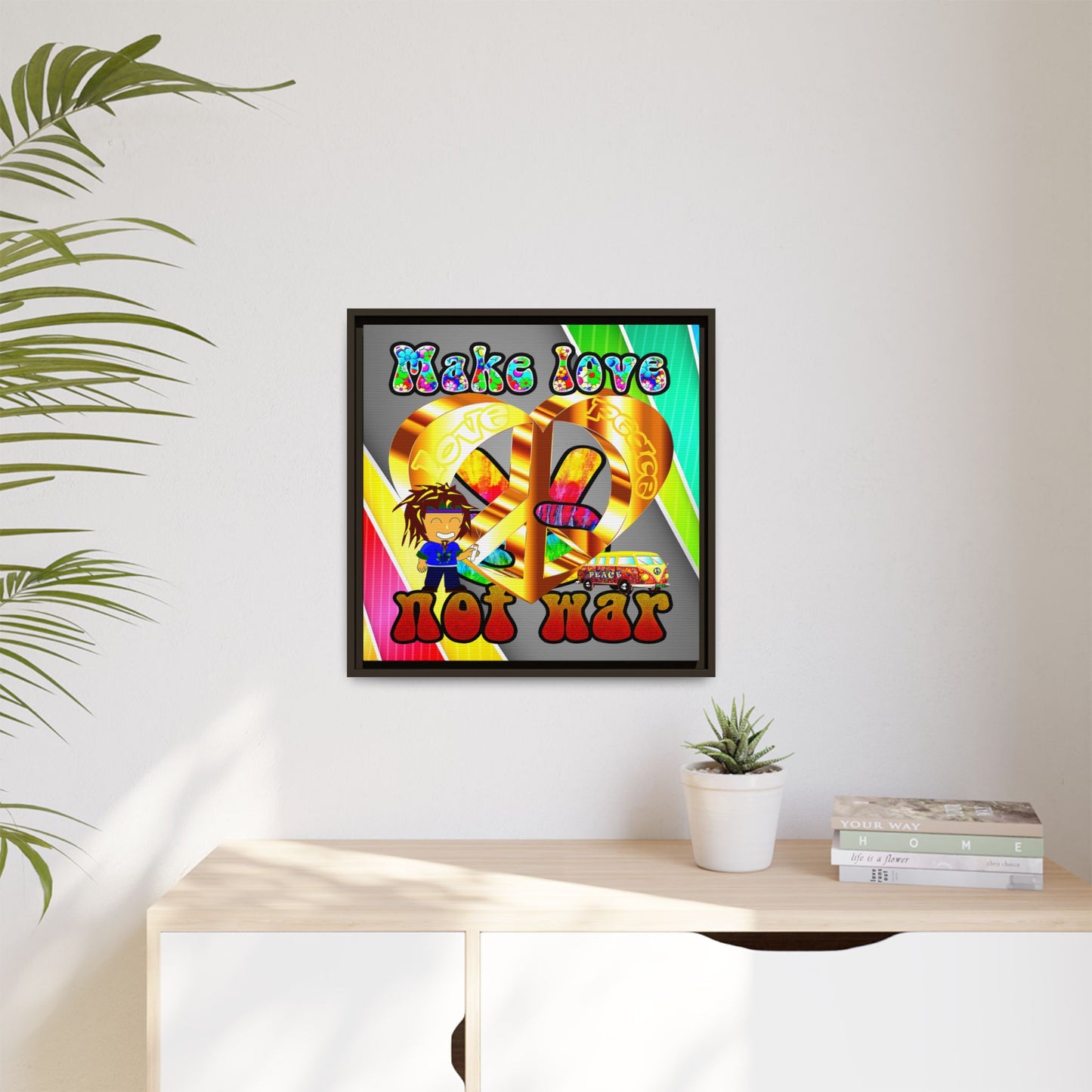 love peace - framed canvas art (rainbow split)
