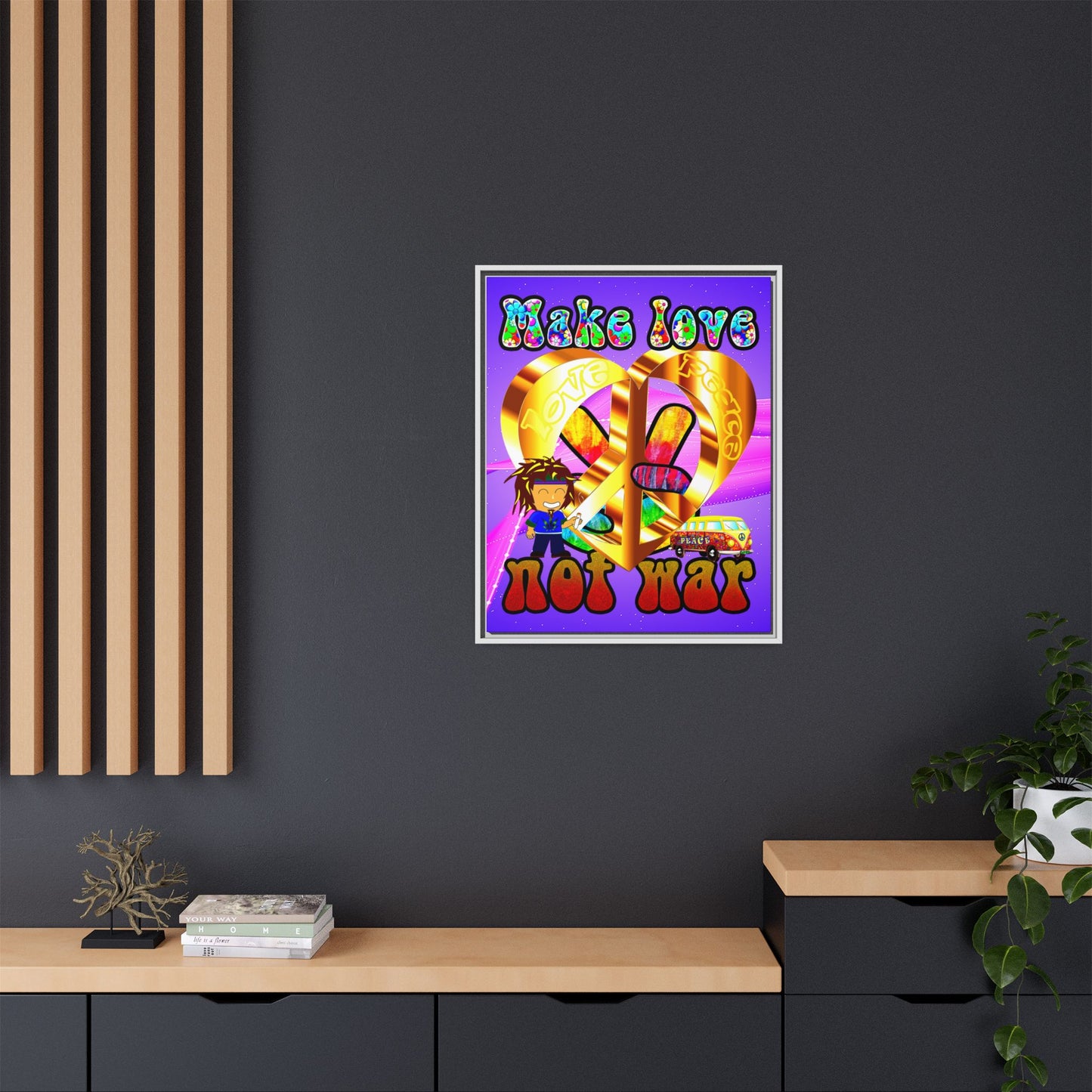love peace - framed canvas art (purple-pink wave)