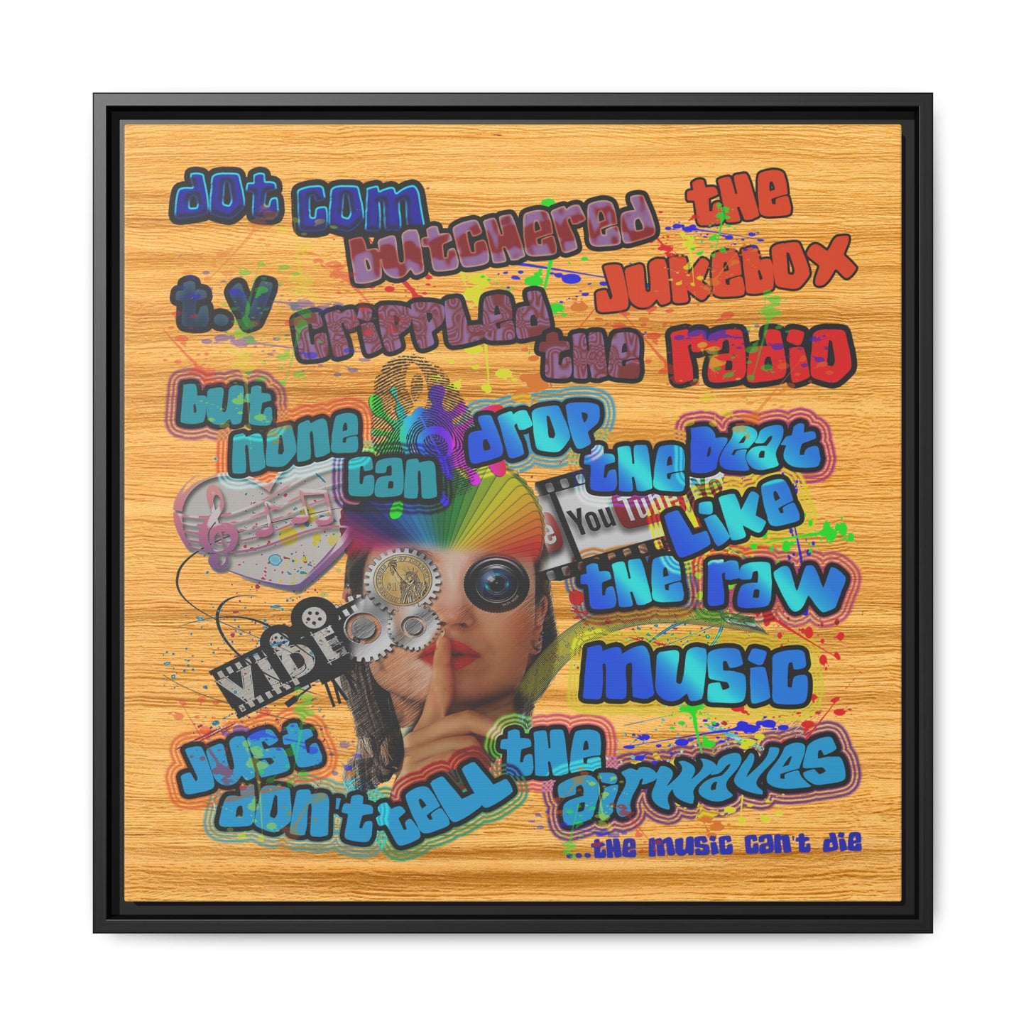 drop the beat - framed canvas art (butterscotch wood finish)