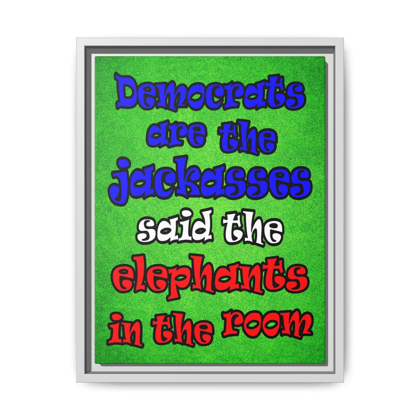 donkeys and elephants - framed canvas art (green turf)