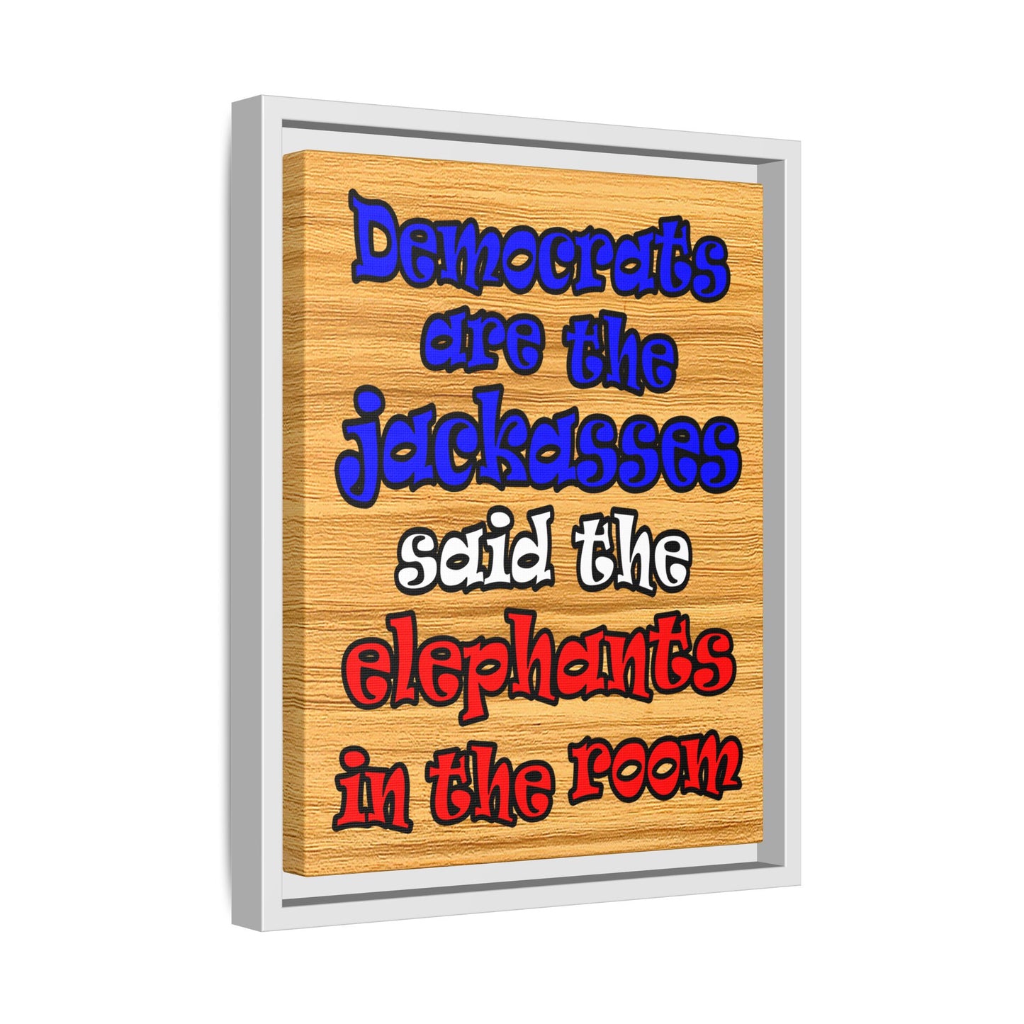 donkeys and elephants - framed canvas art (butterscotch wood finish)
