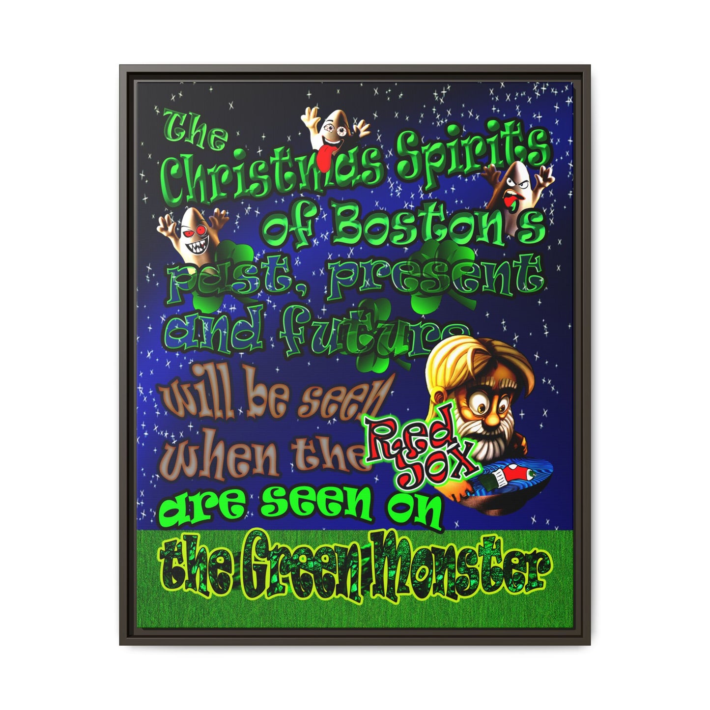 christmas spirits of boston - framed canvas art ('snoops' background)
