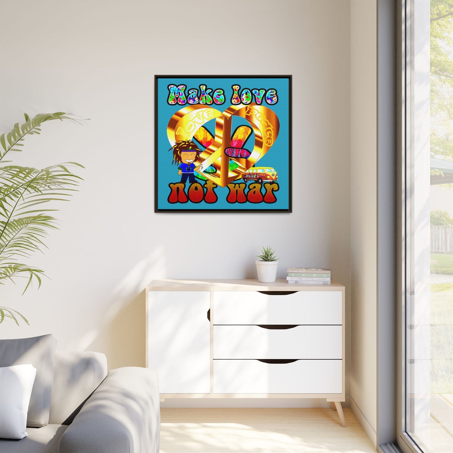 love peace - framed canvas art (turquoise)
