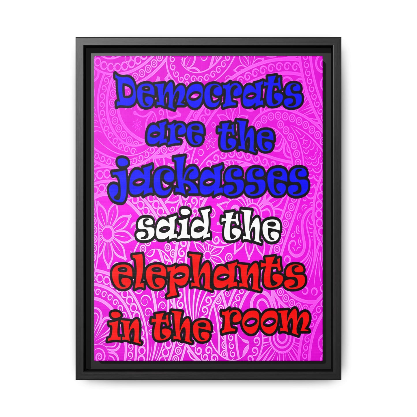 donkeys and elephants - framed canvas art (pink swirl)