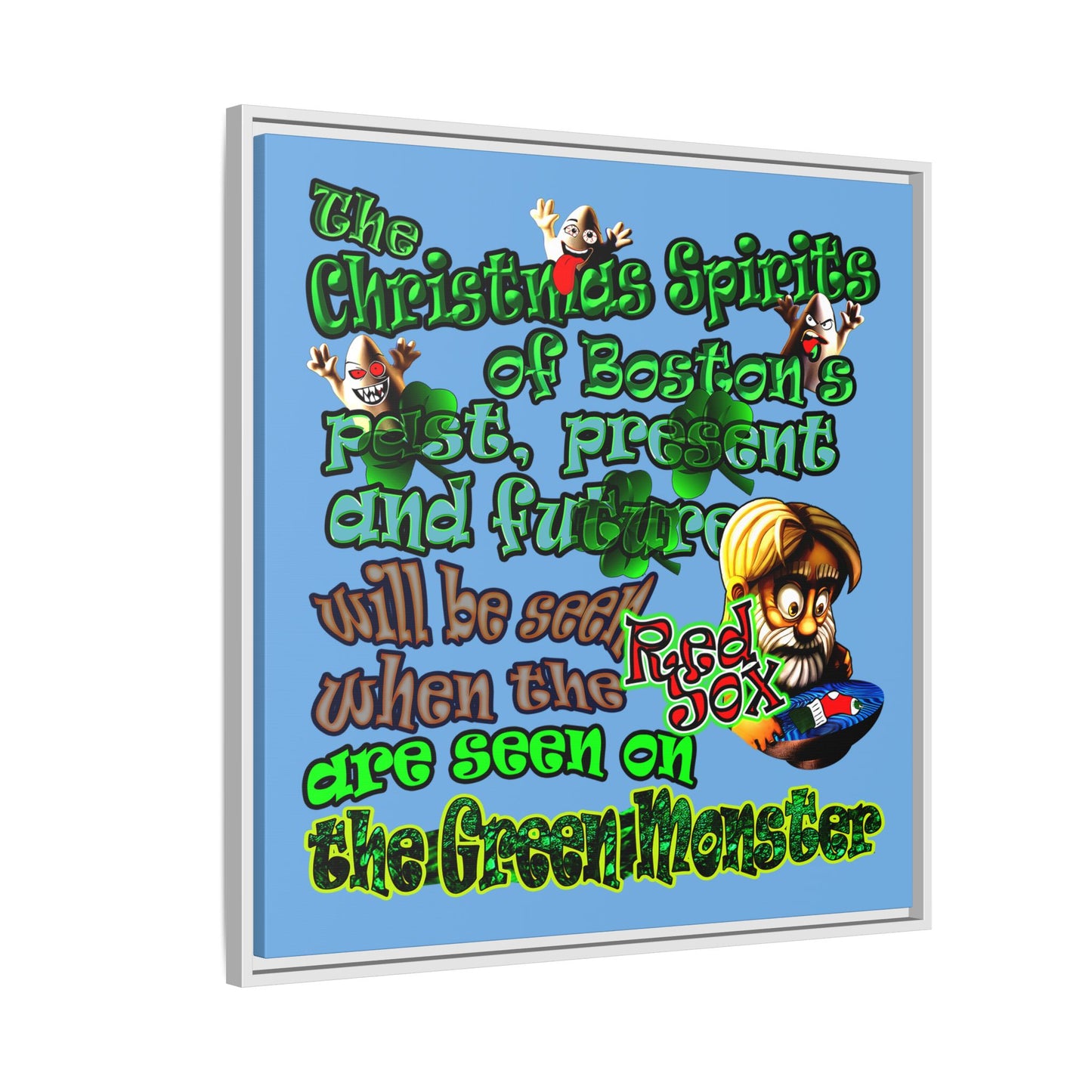 christmas spirits of boston - framed canvas art (light blue)