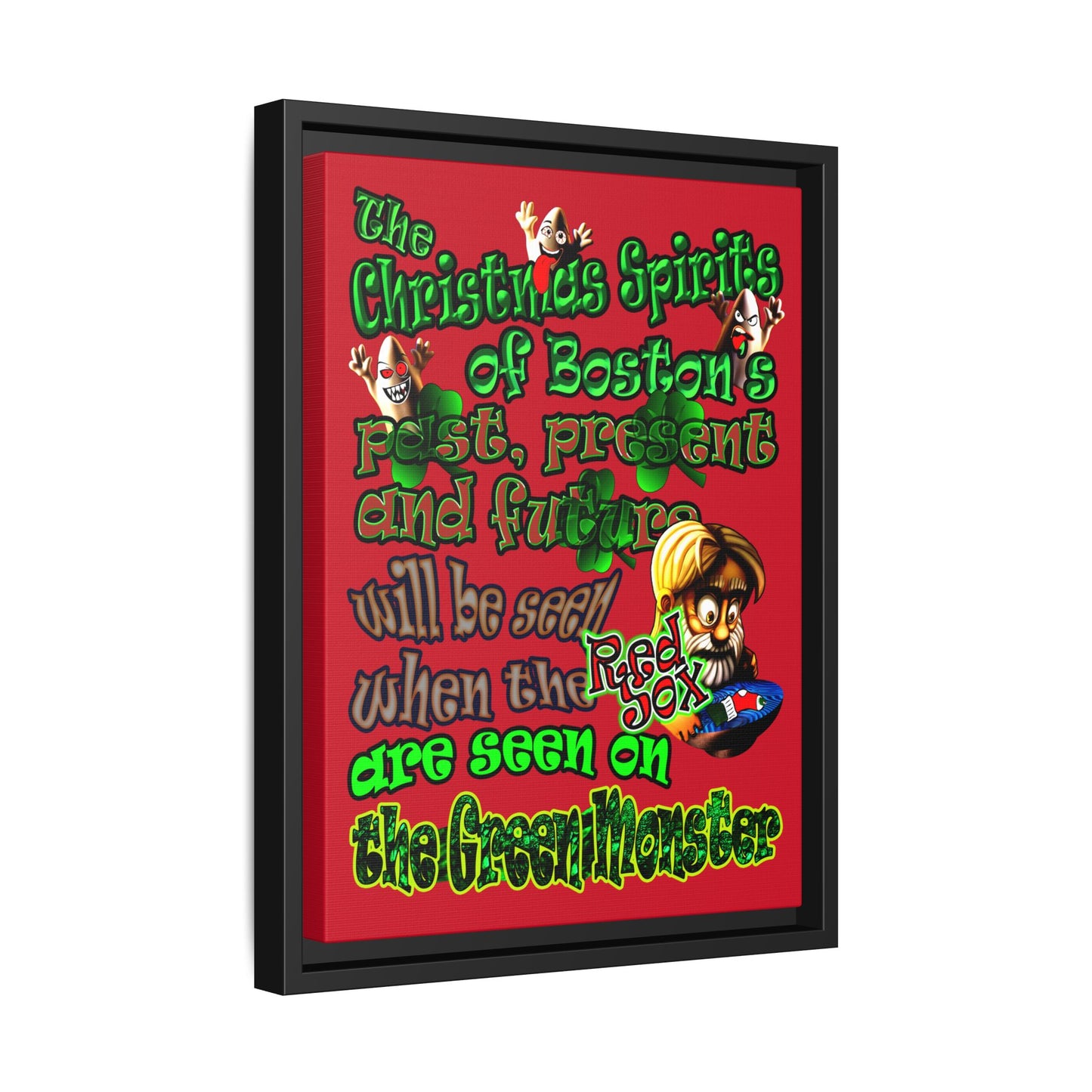christmas spirits of boston - framed canvas art (dark red)