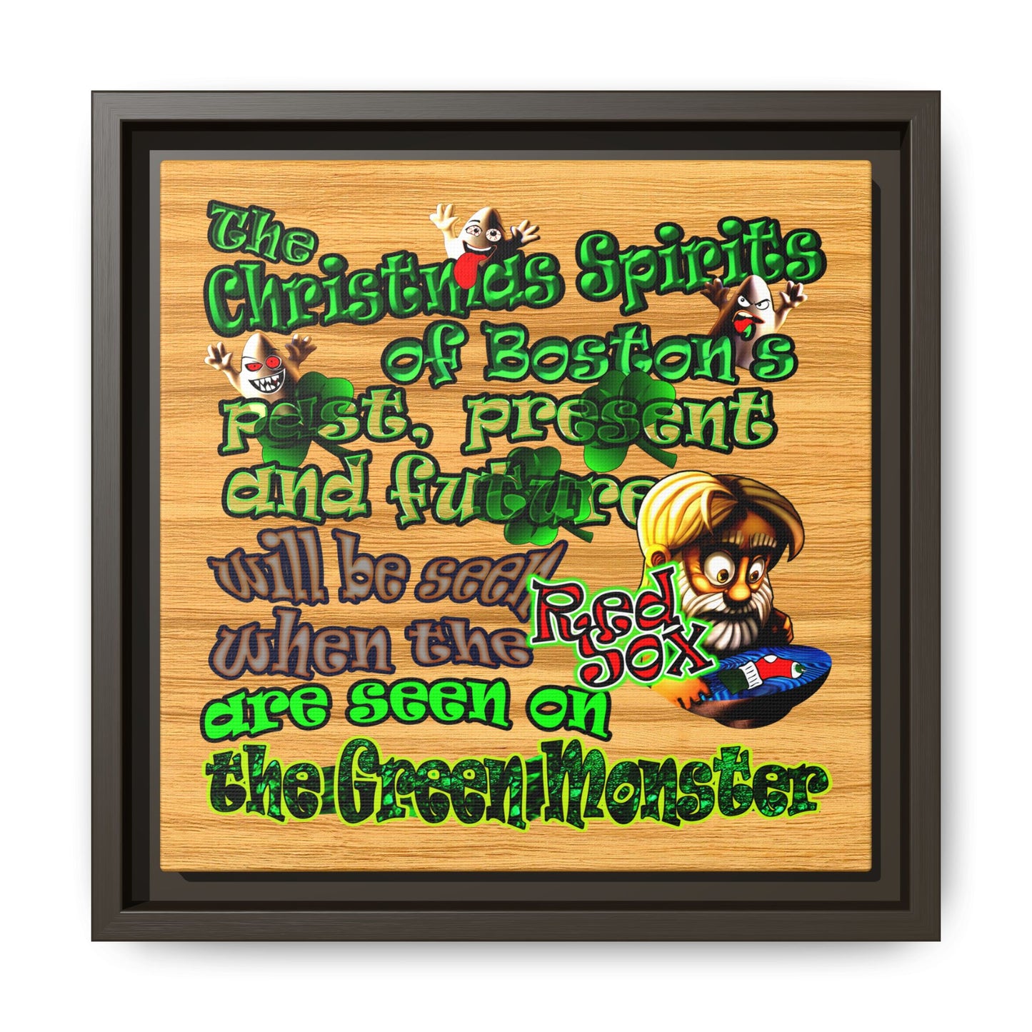 christmas spirits of boston - framed canvas art (butterscotch wood finish)