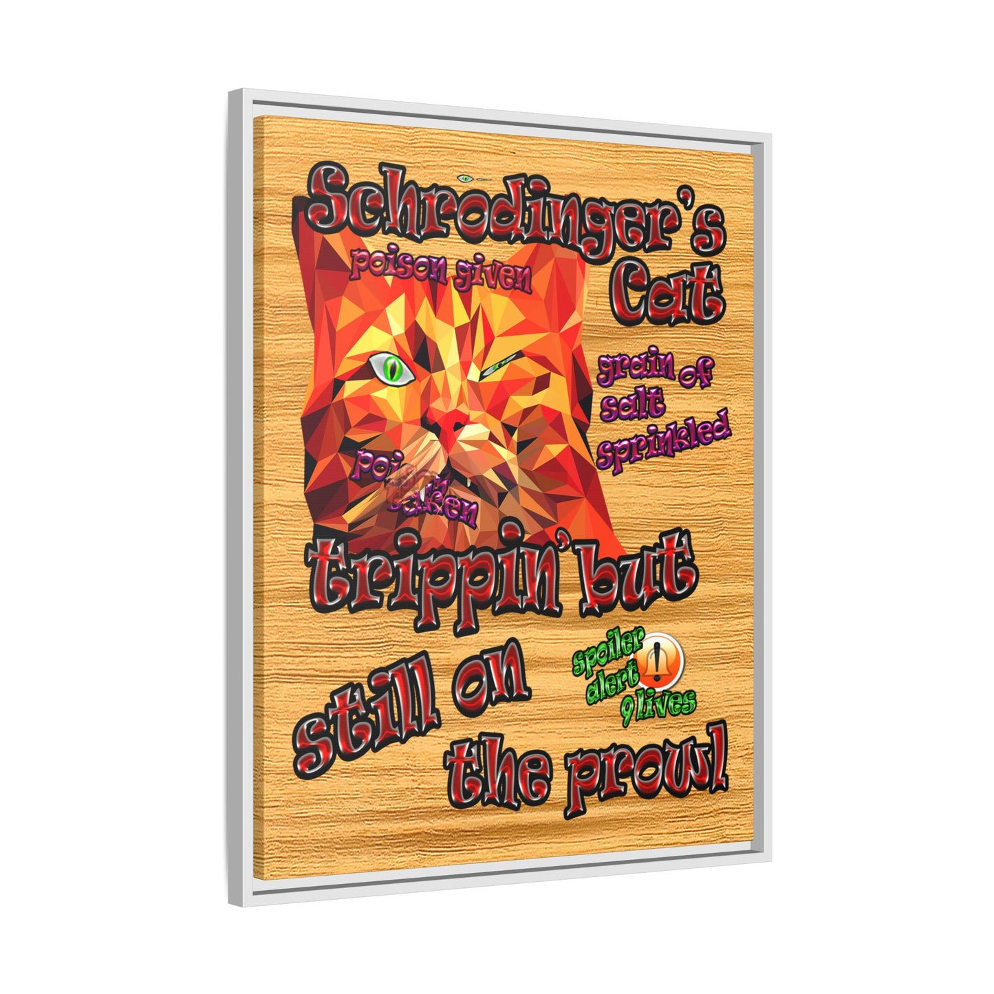 schrodinger's cat - framed canvas art (butterscotch wood finish)