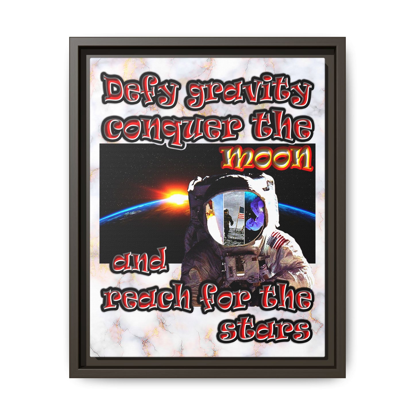 defy conquer reach - framed canvas art (white marble)
