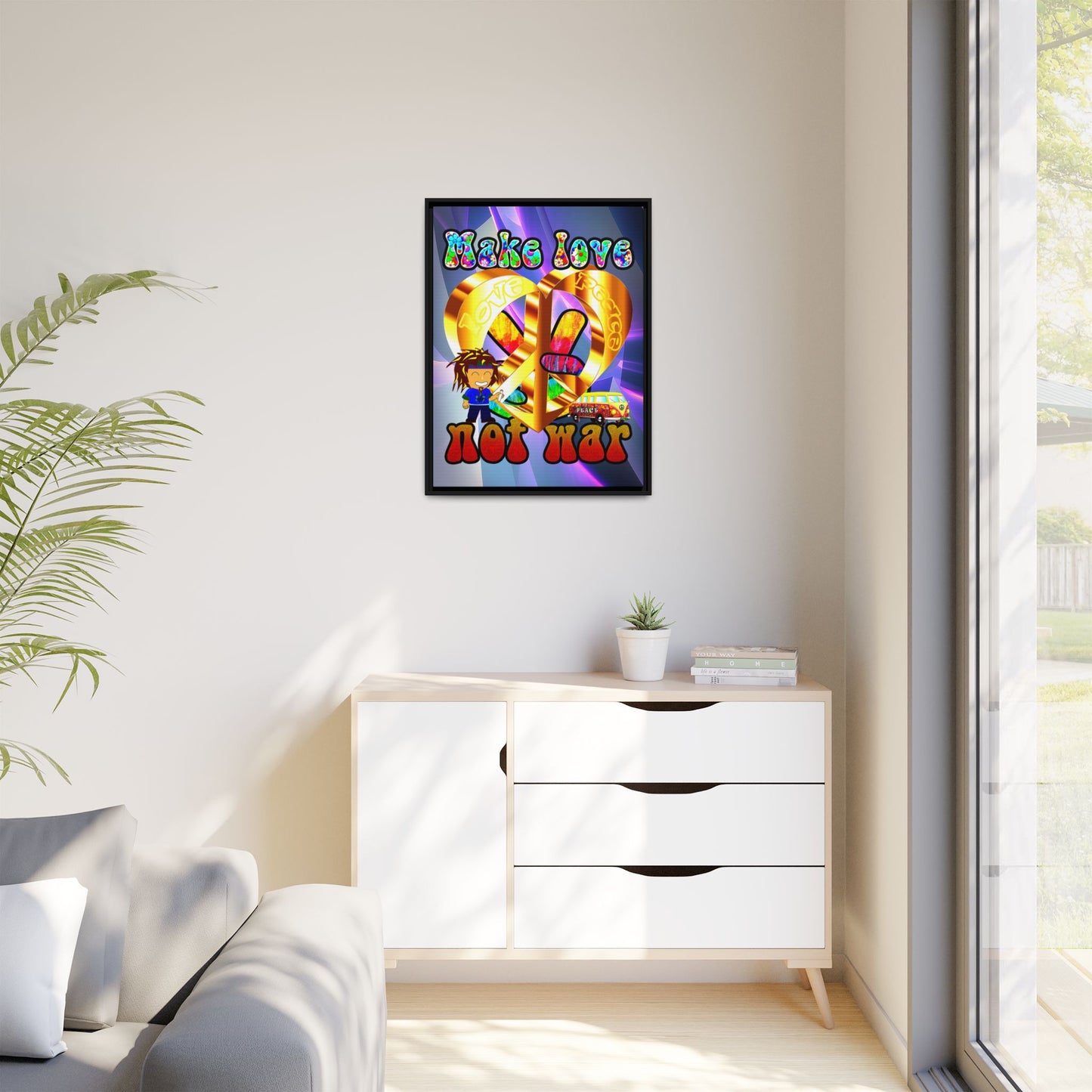 love peace - framed canvas art (grey-pink wave)