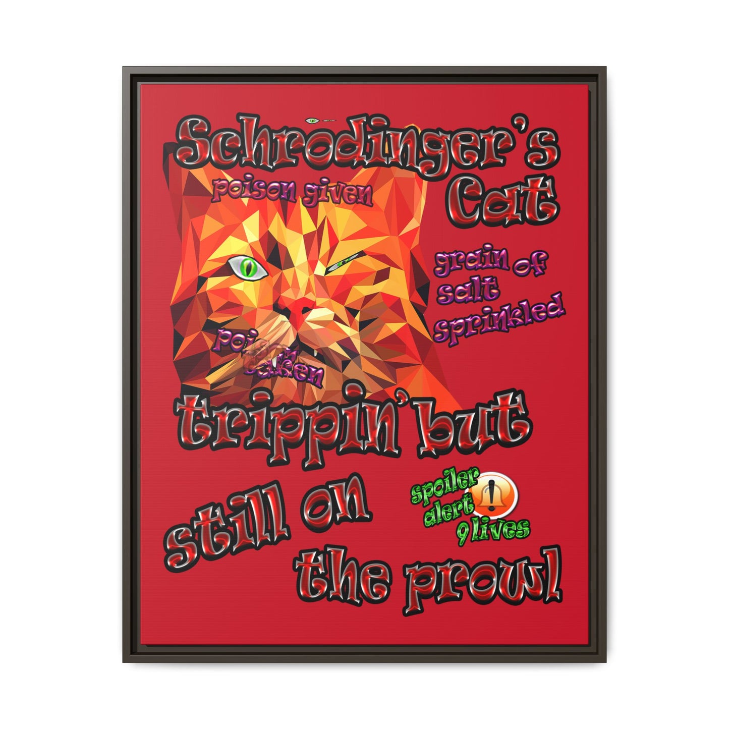 schrodinger's cat - framed canvas art (dark red)