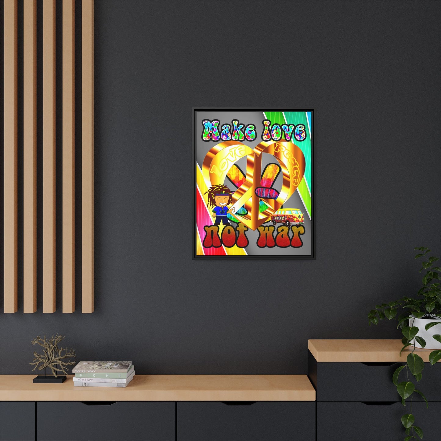 love peace - framed canvas art (rainbow split)