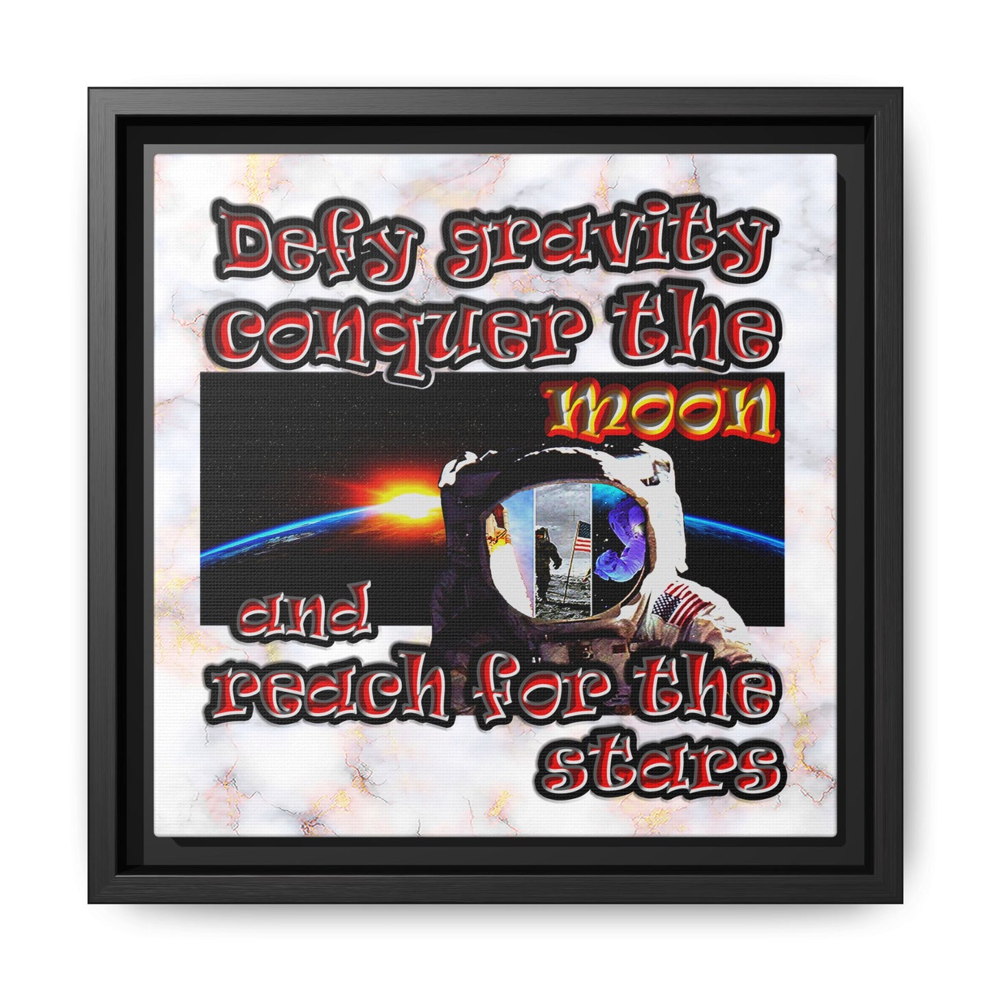 defy conquer reach - framed canvas art (white marble)