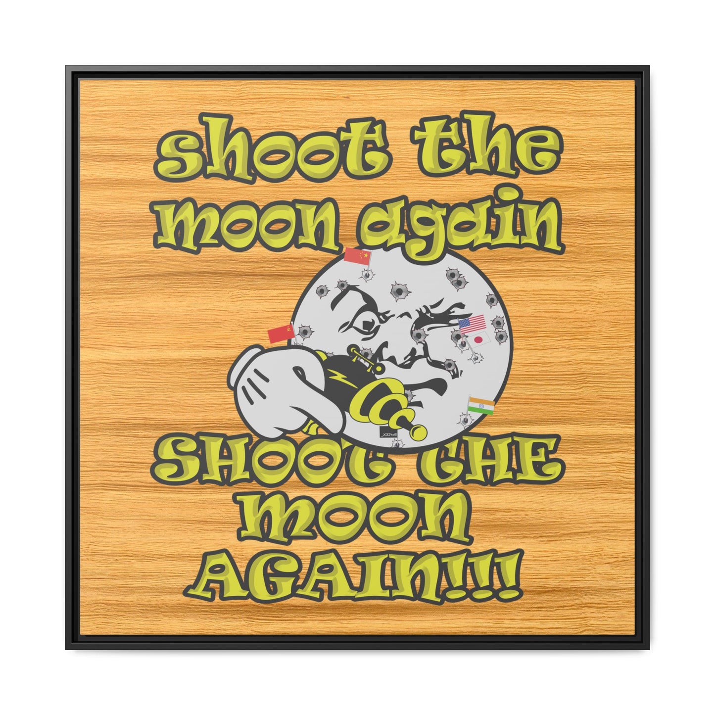 shoot the moon again - framed canvas art (butterscotch wood finish)
