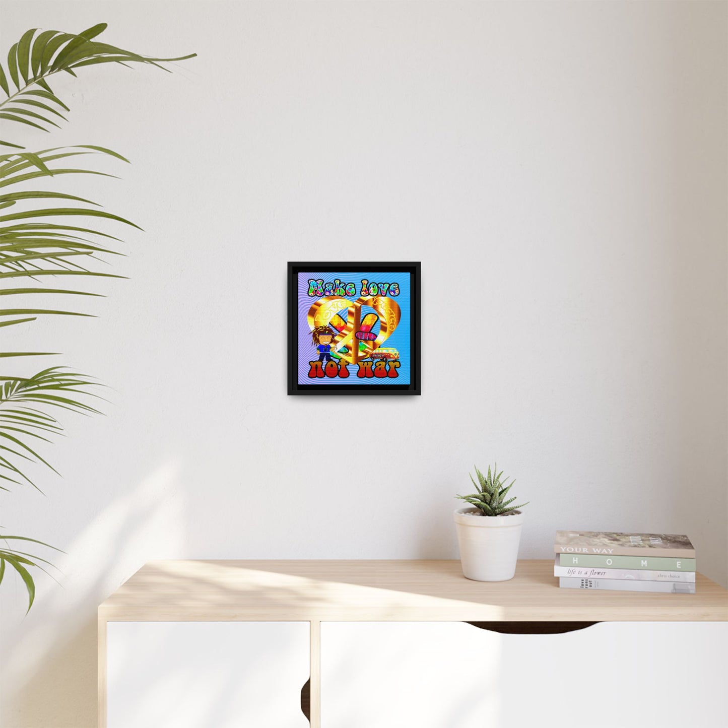 love peace - framed canvas art (light blue-purple wave)