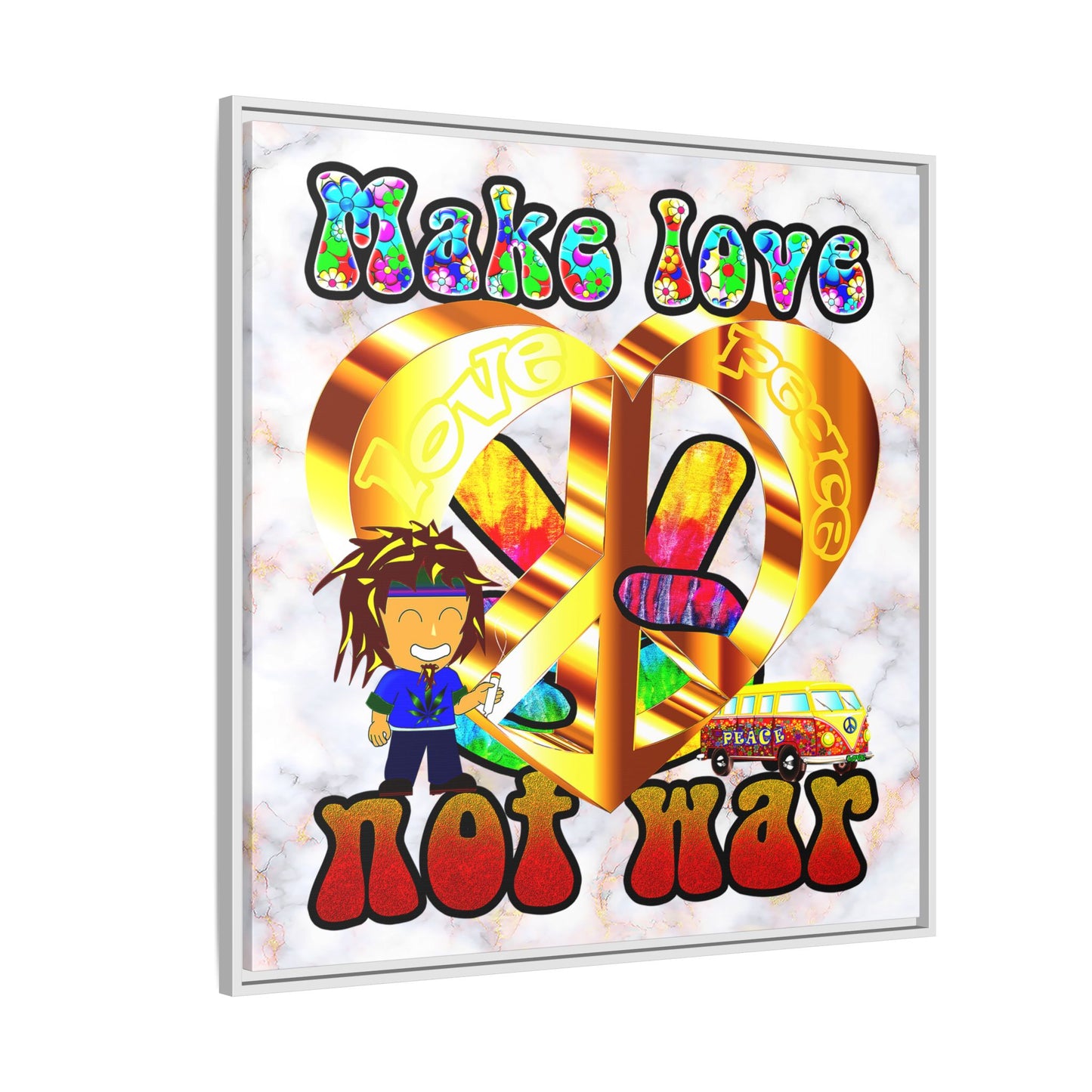 love peace - framed canvas art (white marble)
