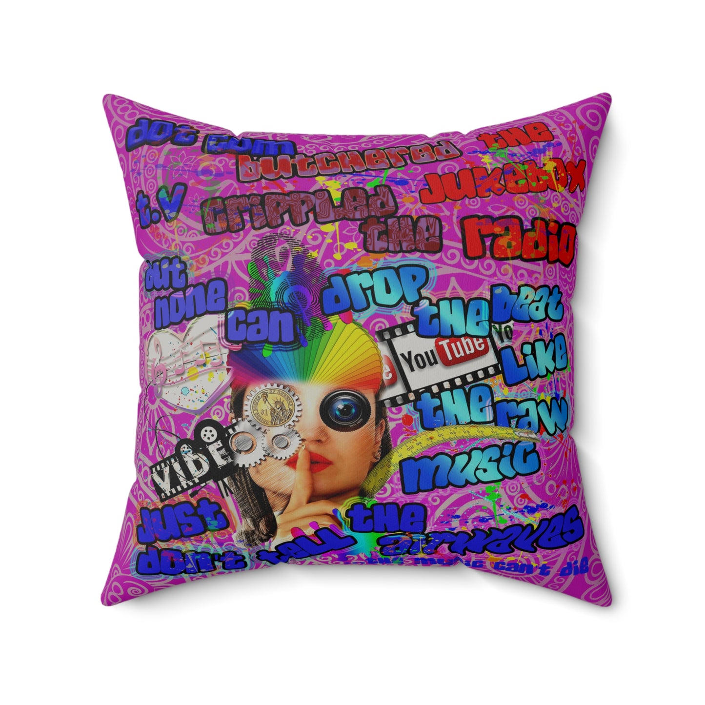 drop the beat - Faux Suede Square Pillow - (pink swirl)