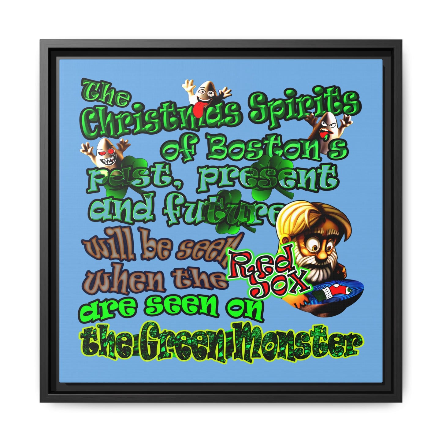 christmas spirits of boston - framed canvas art (light blue)