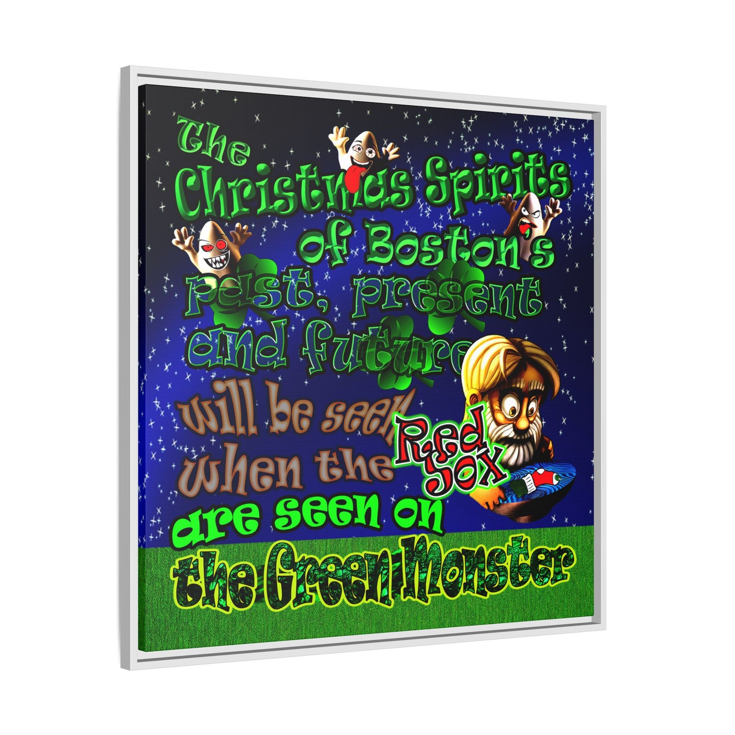 christmas spirits of boston - framed canvas art ('snoops' background)