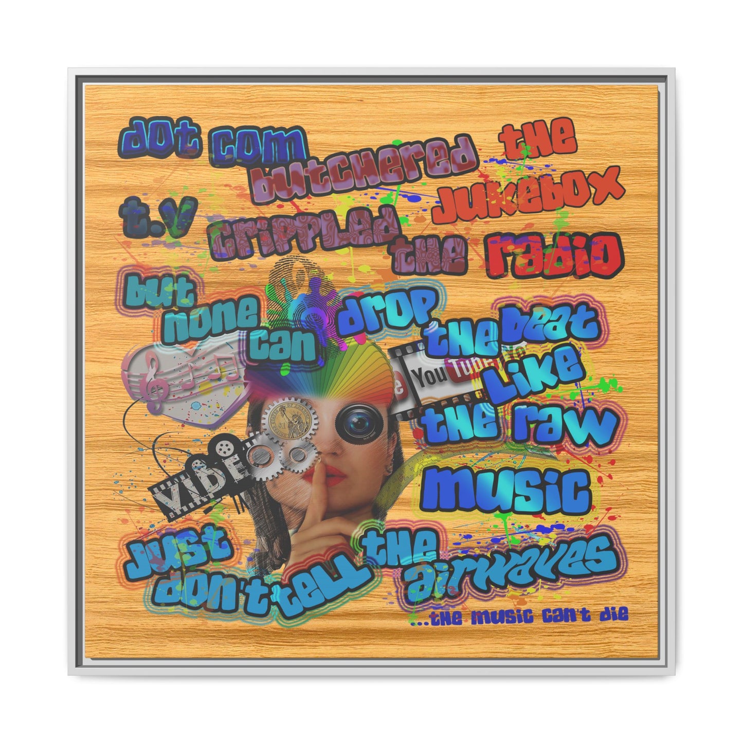 drop the beat - framed canvas art (butterscotch wood finish)