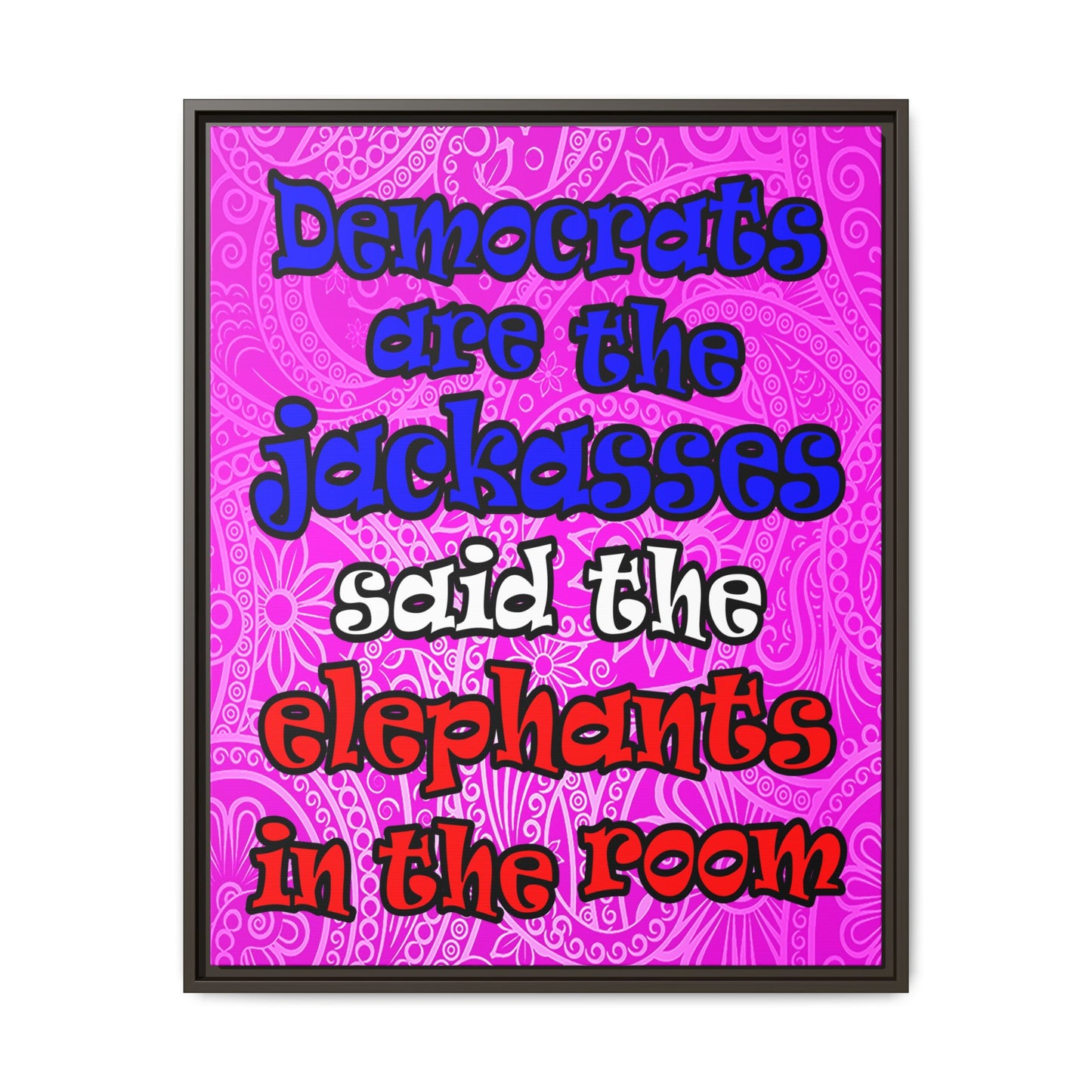 donkeys and elephants - framed canvas art (pink swirl)