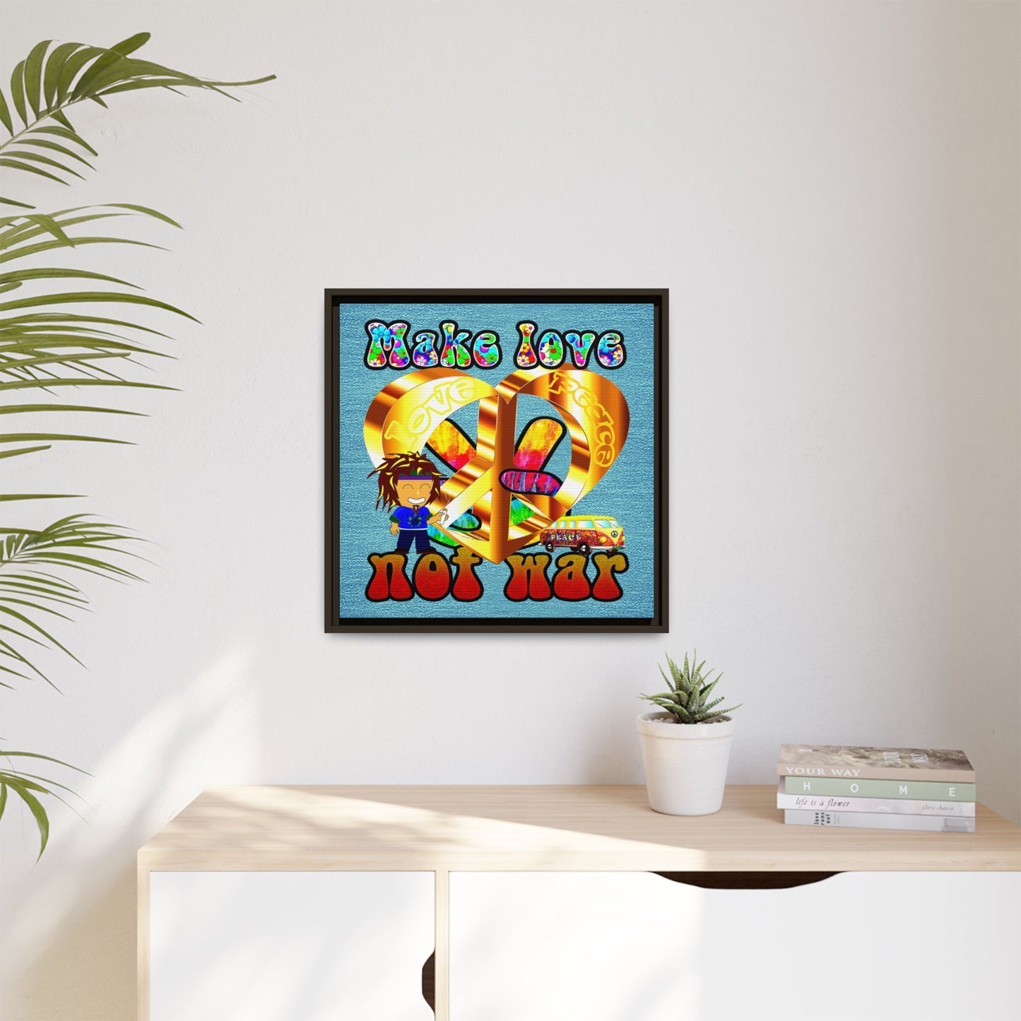 love peace - framed canvas art (faded blue)