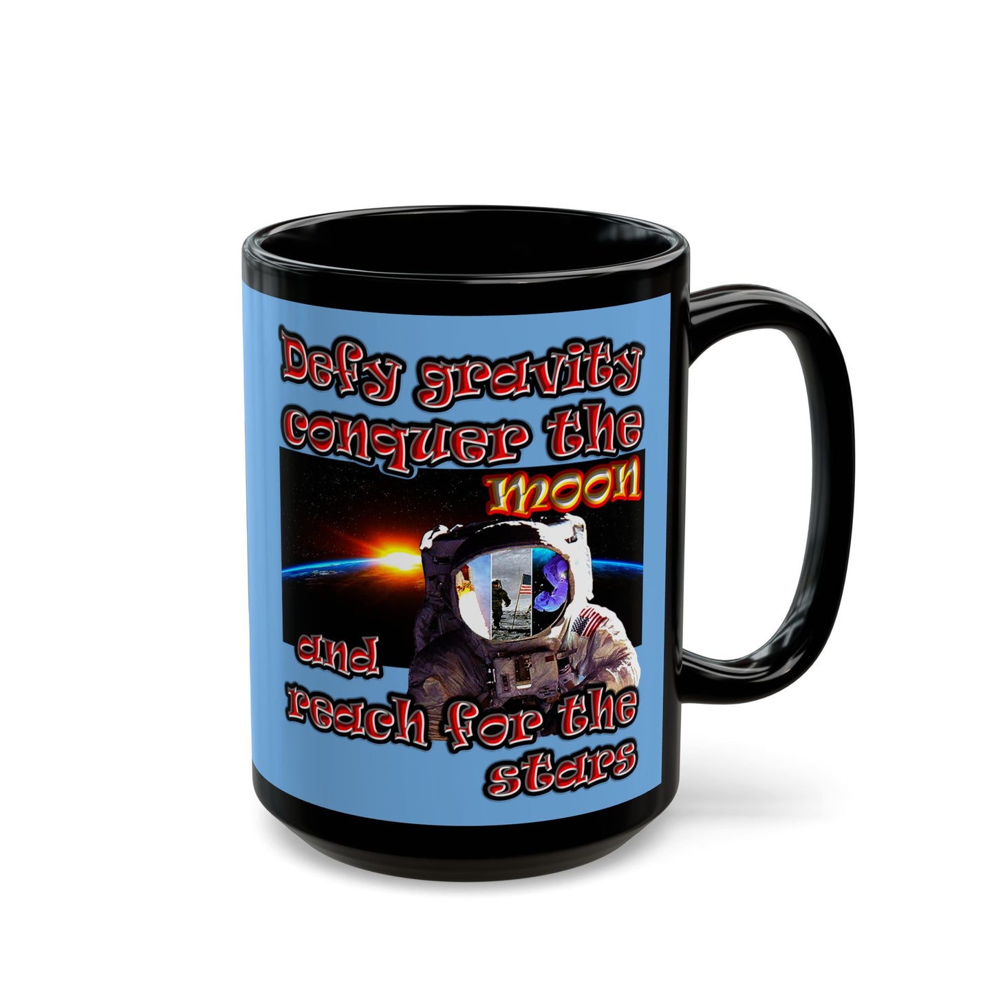 defy conquer reach - Black Mug (light blue)