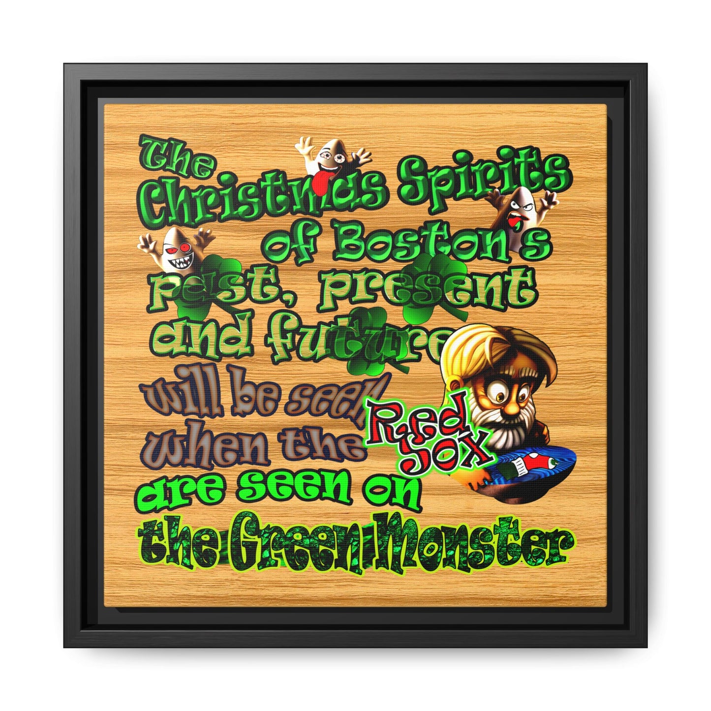 christmas spirits of boston - framed canvas art (butterscotch wood finish)