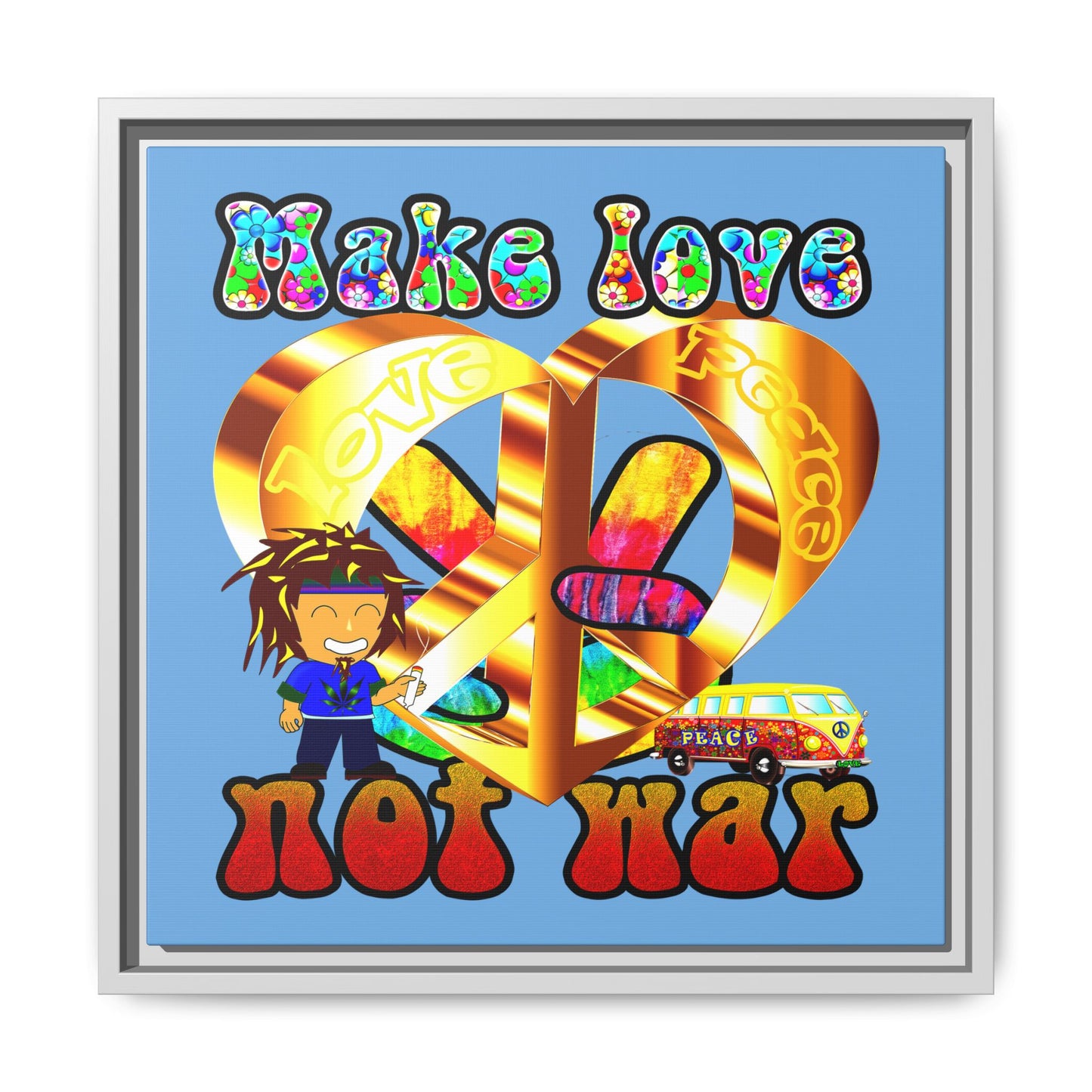 love peace - framed canvas art (light blue)