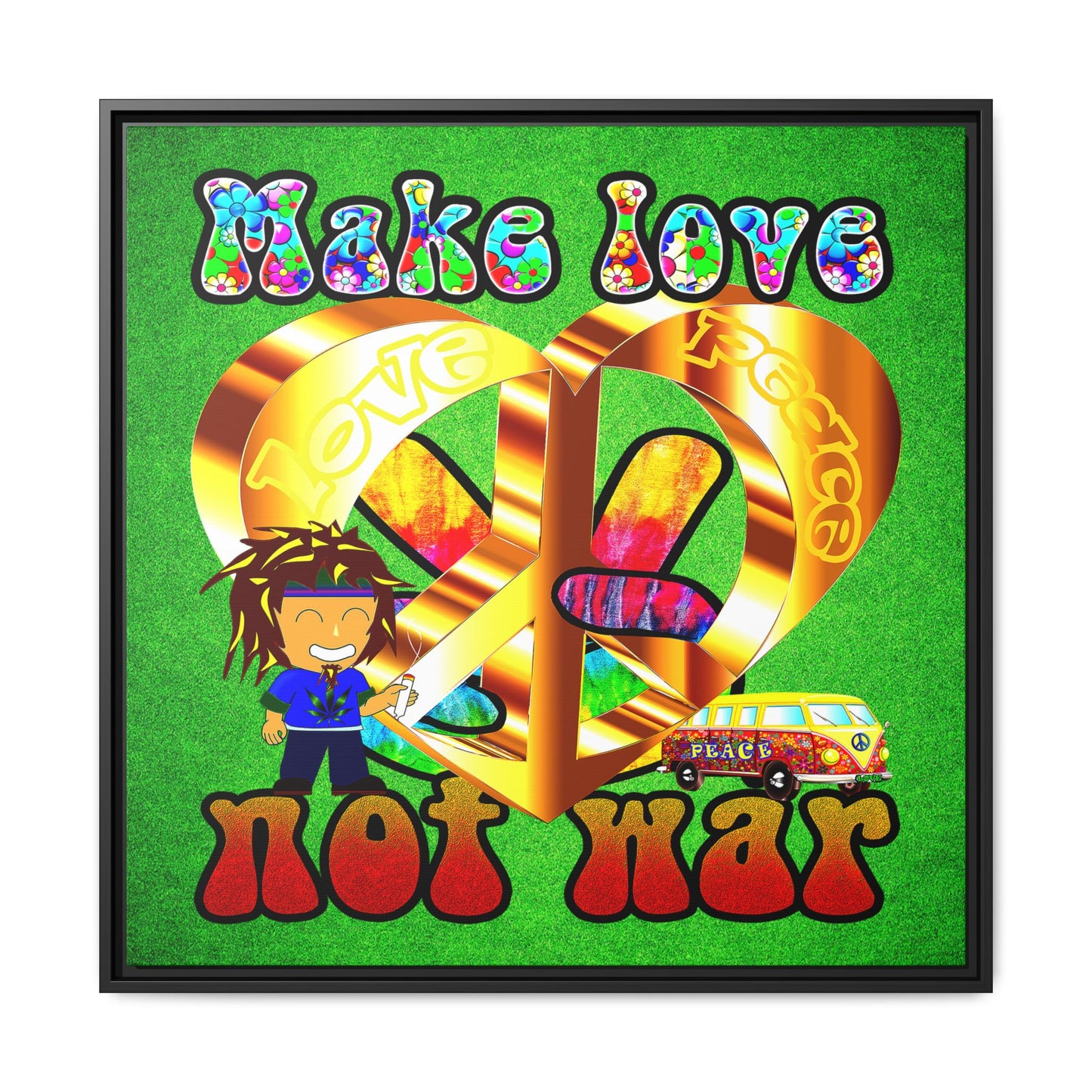 love peace - framed canvas art (green turf)